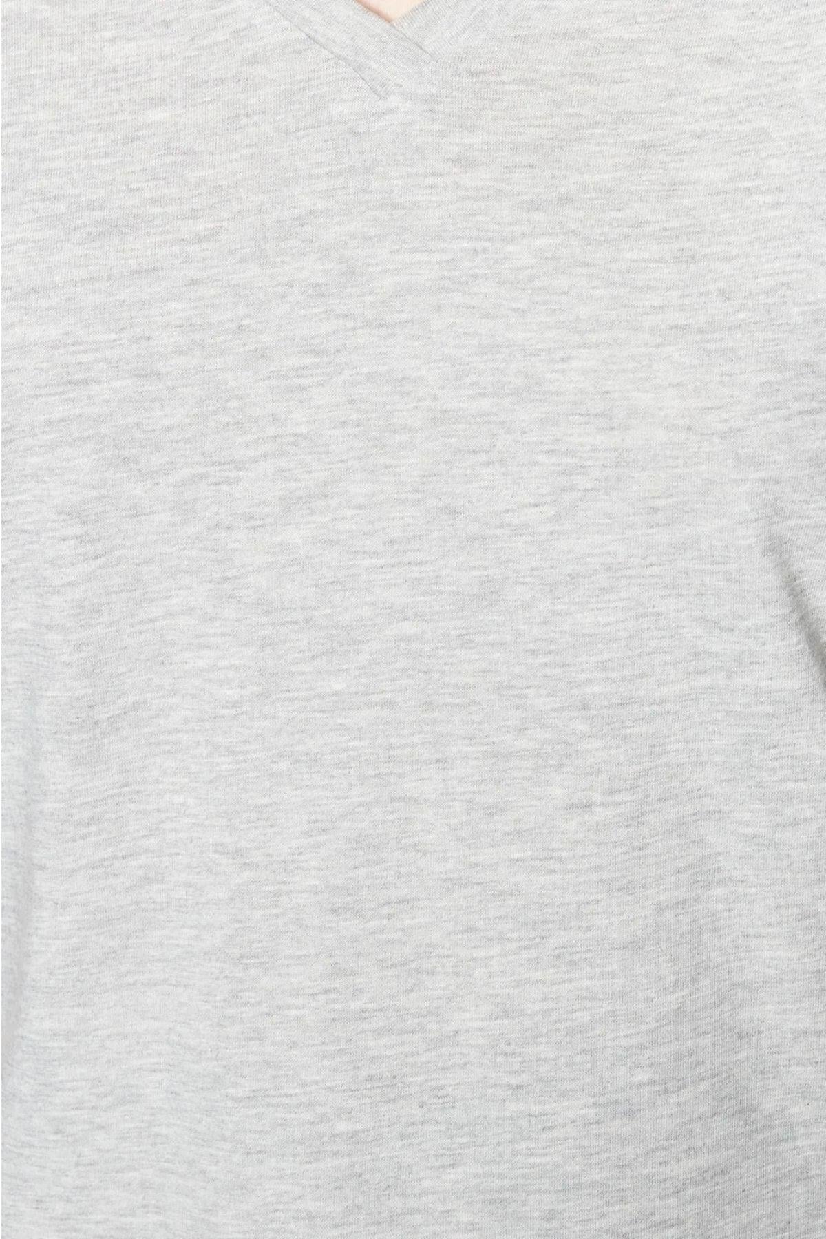 %100 Pamuk Süper Kalite Gri Melanj V-yaka Kadın Basic Tişört Örme Pamuk Penye T-shirt
