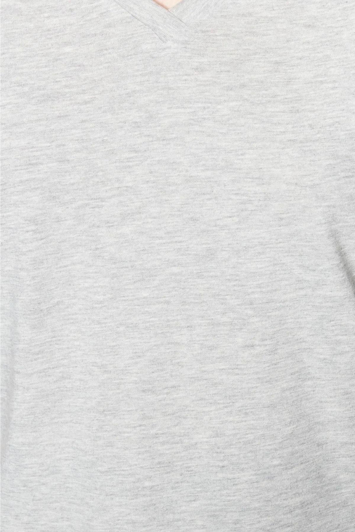 %100 Pamuk Süper Kalite Gri Melanj V-yaka Kadın Basic Tişört Örme Pamuk Penye T-shirt