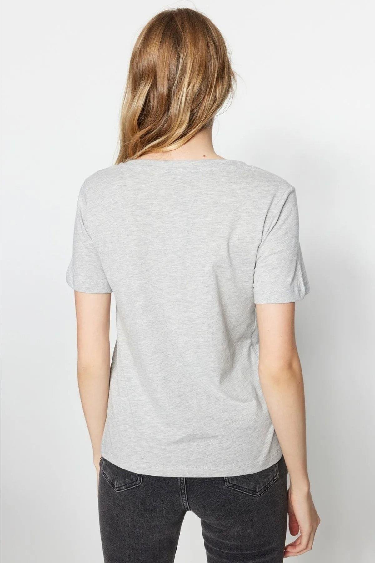 %100 Pamuk Süper Kalite Gri Melanj V-yaka Kadın Basic Tişört Örme Pamuk Penye T-shirt