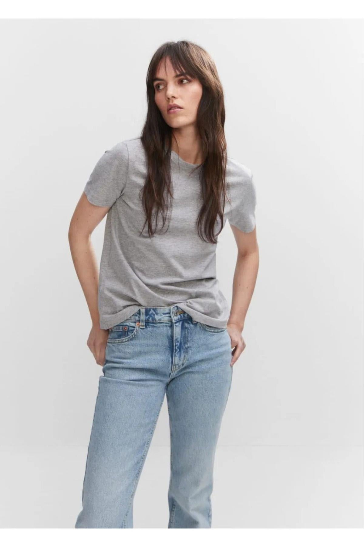 %100 Pamuk Süper Kalite Kadın Tişört Düz Renk Gri Melanj Bisiklet Yaka Organik Pamuk Penye T-shirt