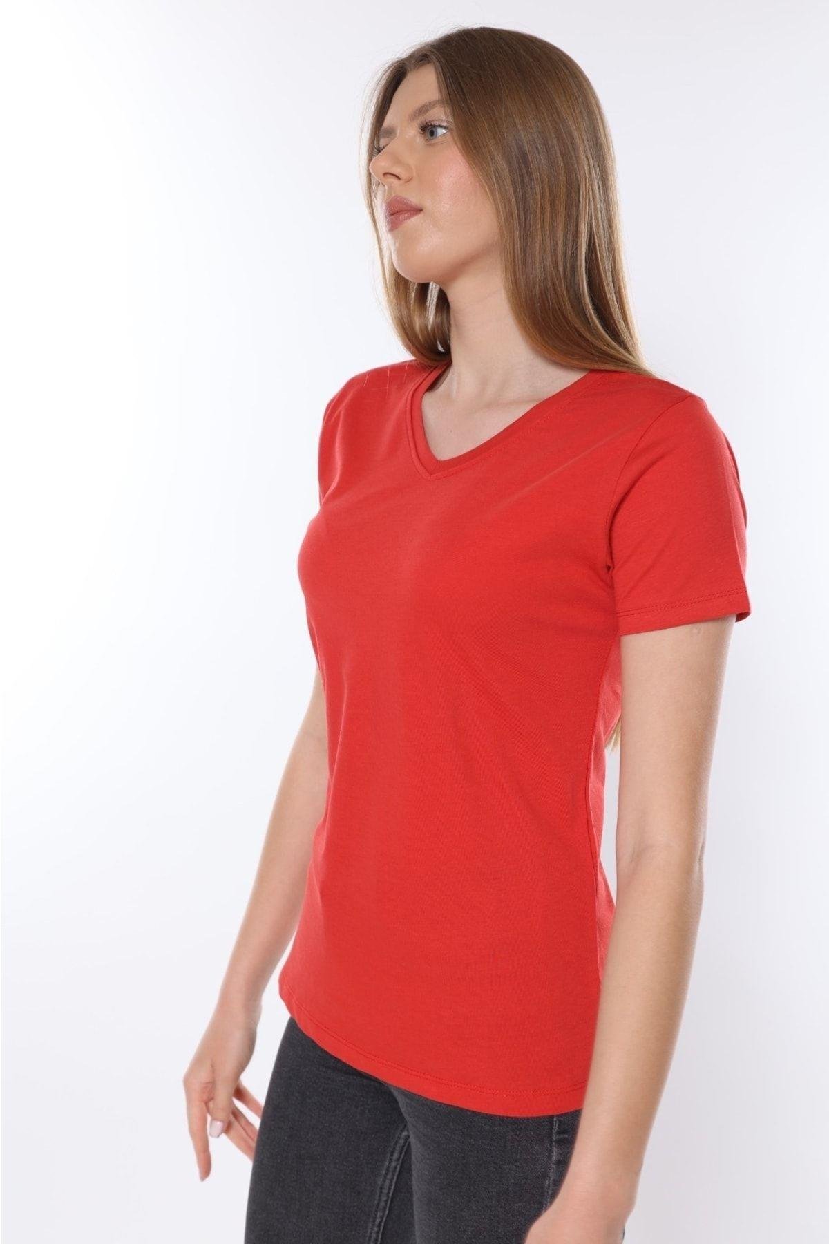 %100 Pamuk Süper Kalite V Yaka Kadın Basic Tişört Örme Pamuk Penye T-shirt