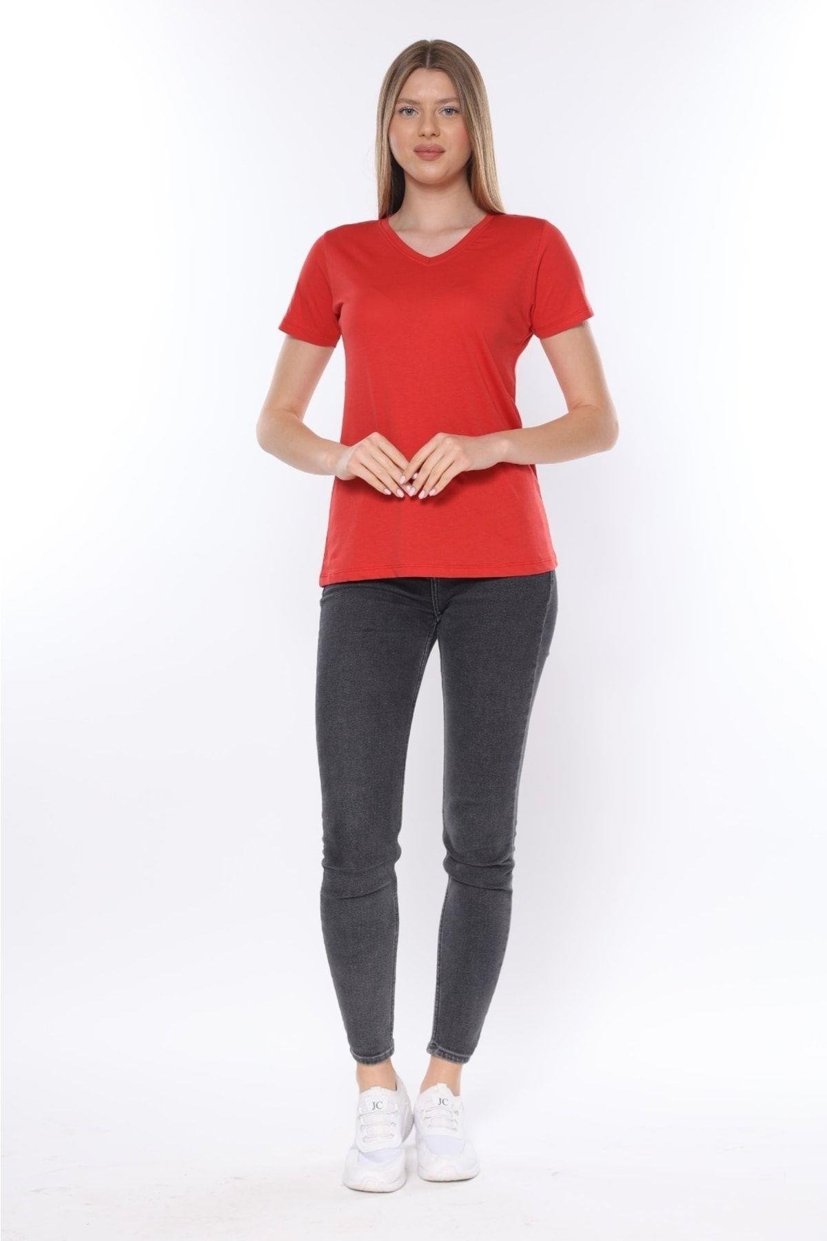 %100 Pamuk Süper Kalite V Yaka Kadın Basic Tişört Örme Pamuk Penye T-shirt