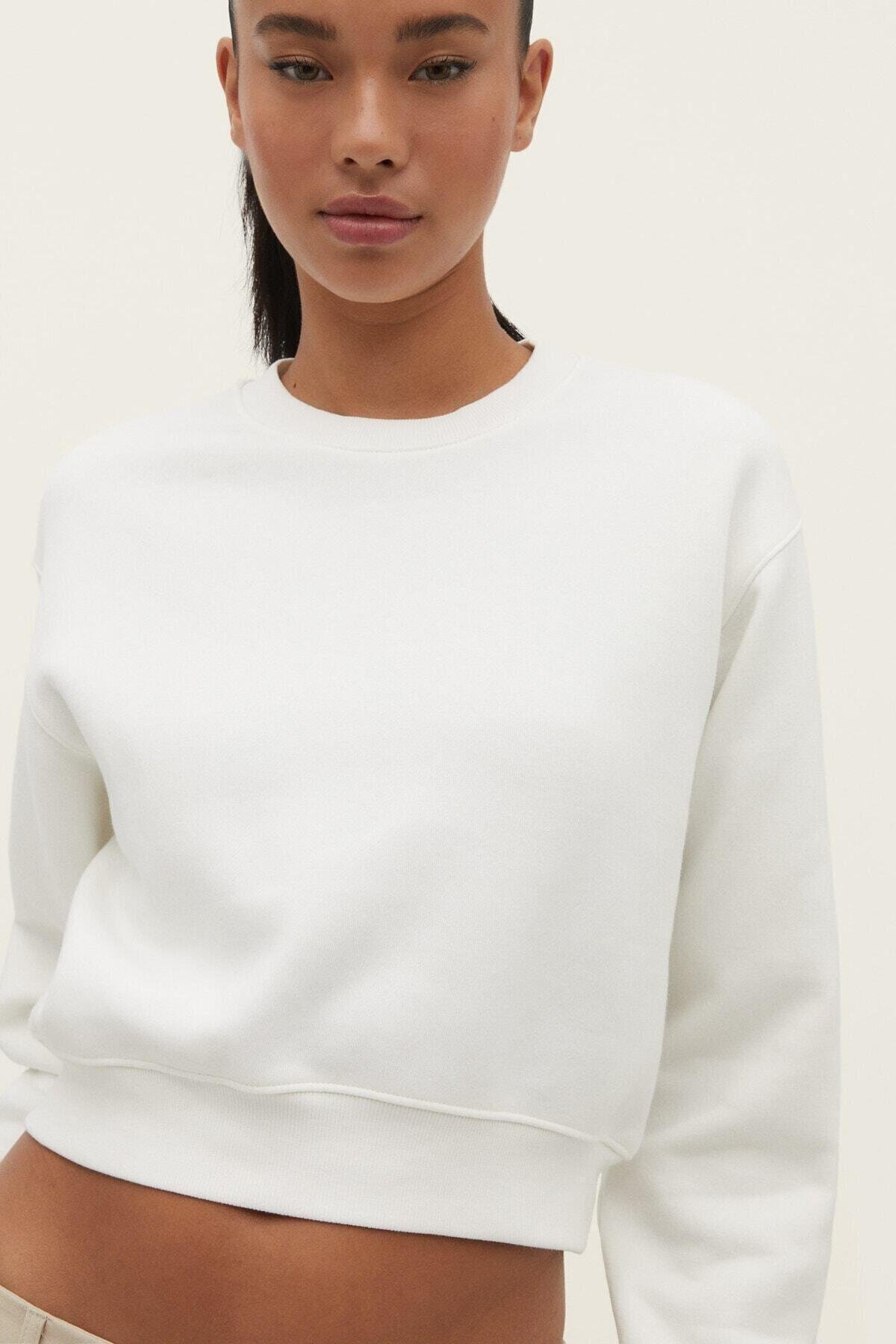 Ekru %100 Pamuk Kadın Basic crop bisiklet yaka uzun kollu sweatshirt