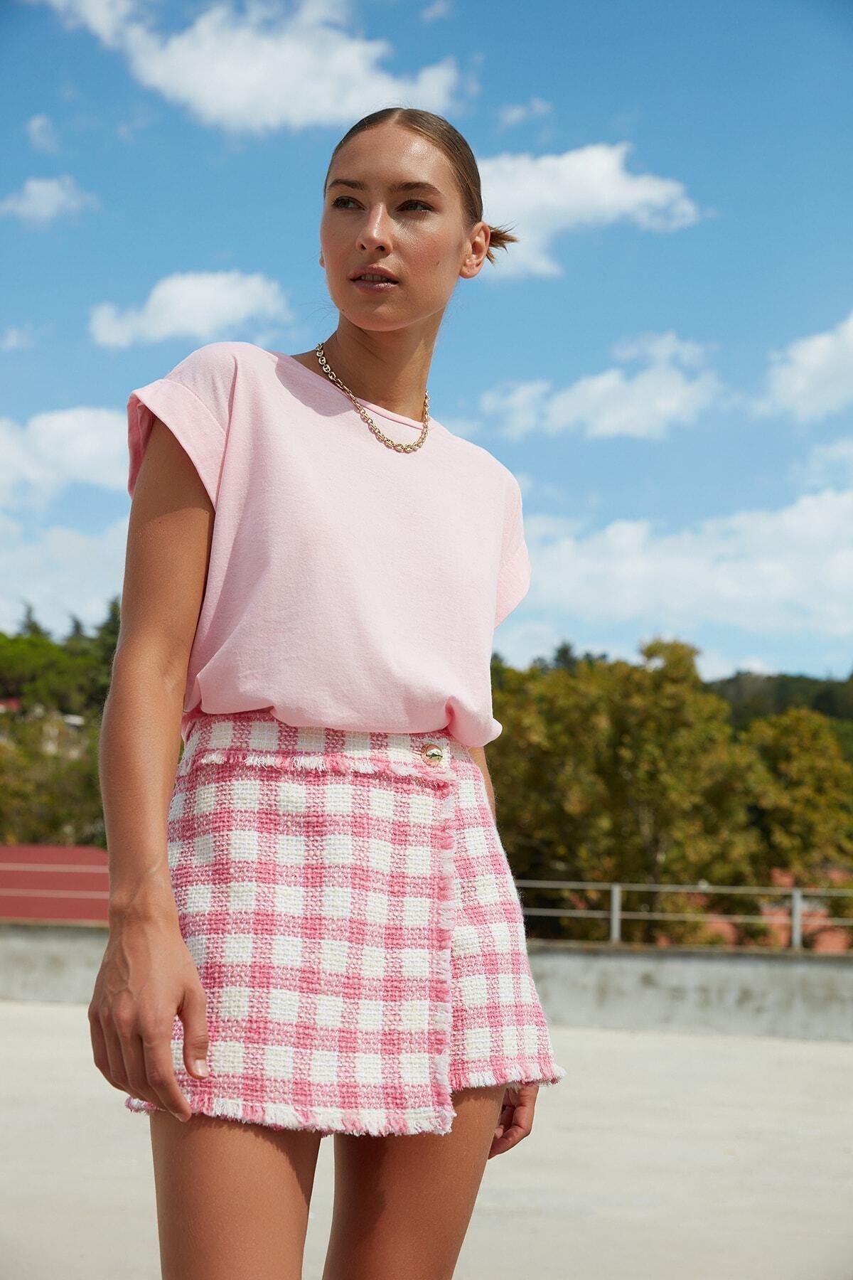 Pembe %100 Pamuk Vatka Görünümlü Basic Bisiklet Yaka Örme T-Shirt