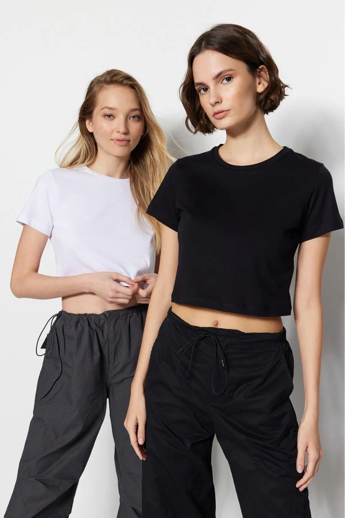 Süper Kalite Kadın %100 Pamuk Penye Kısa Kol Crop Top Siyah Ve Beyaz Ikili Paket