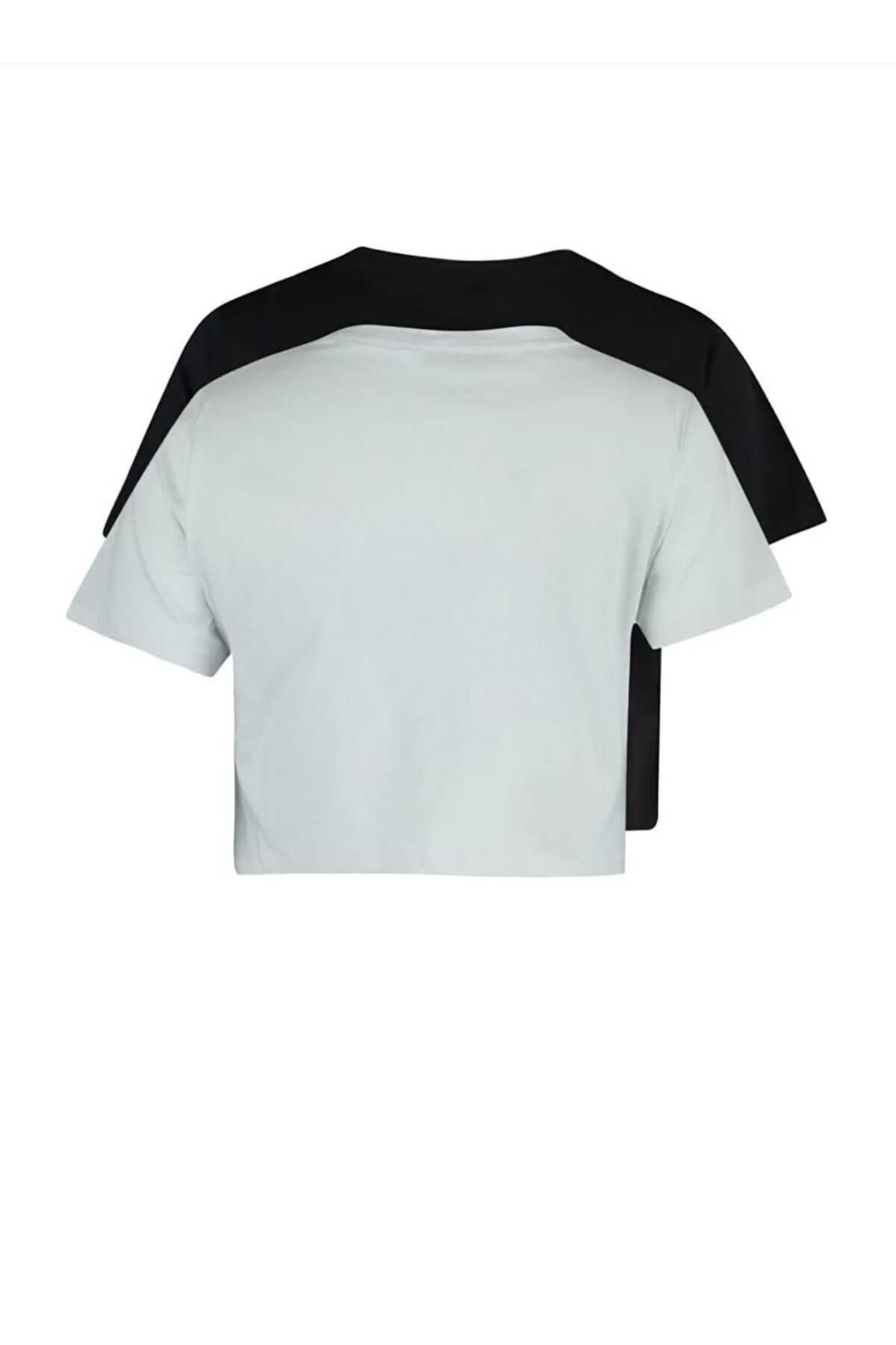Süper Kalite Kadın %100 Pamuk Penye Kısa Kol Crop Top Siyah Ve Beyaz Ikili Paket
