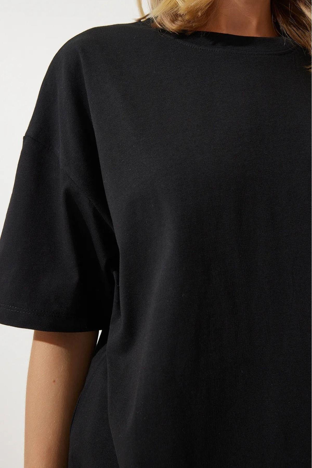 Süper Kalite Kadın %100 Pamuk Siyah Bisiklet Yaka Oversize Boyfriend T-shirt
