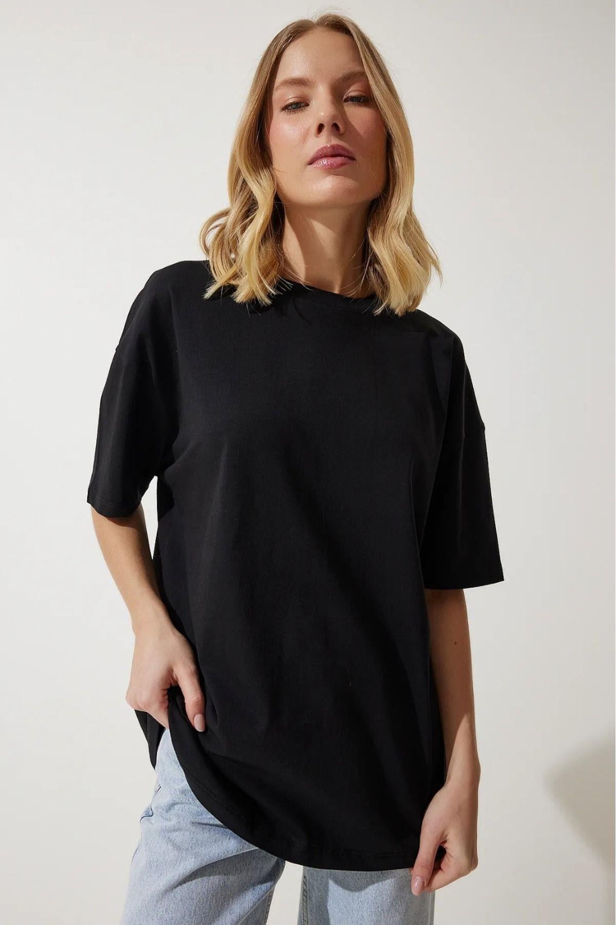 Süper Kalite Kadın %100 Pamuk Siyah Bisiklet Yaka Oversize Boyfriend T-shirt