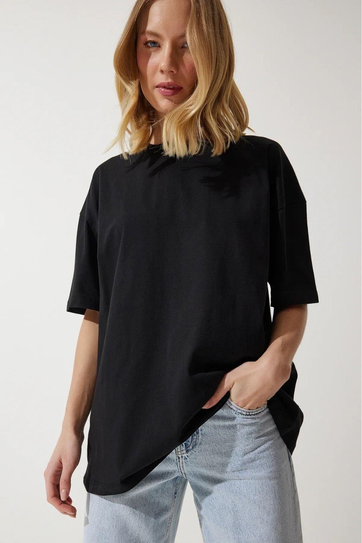 Süper Kalite Kadın %100 Pamuk Siyah Bisiklet Yaka Oversize Boyfriend T-shirt