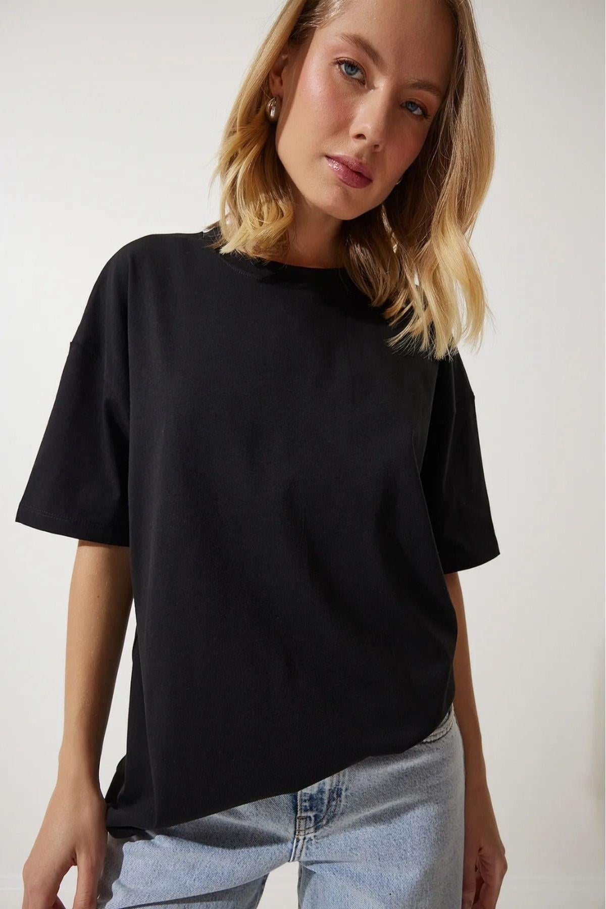 Süper Kalite Kadın %100 Pamuk Siyah Bisiklet Yaka Oversize Boyfriend T-shirt