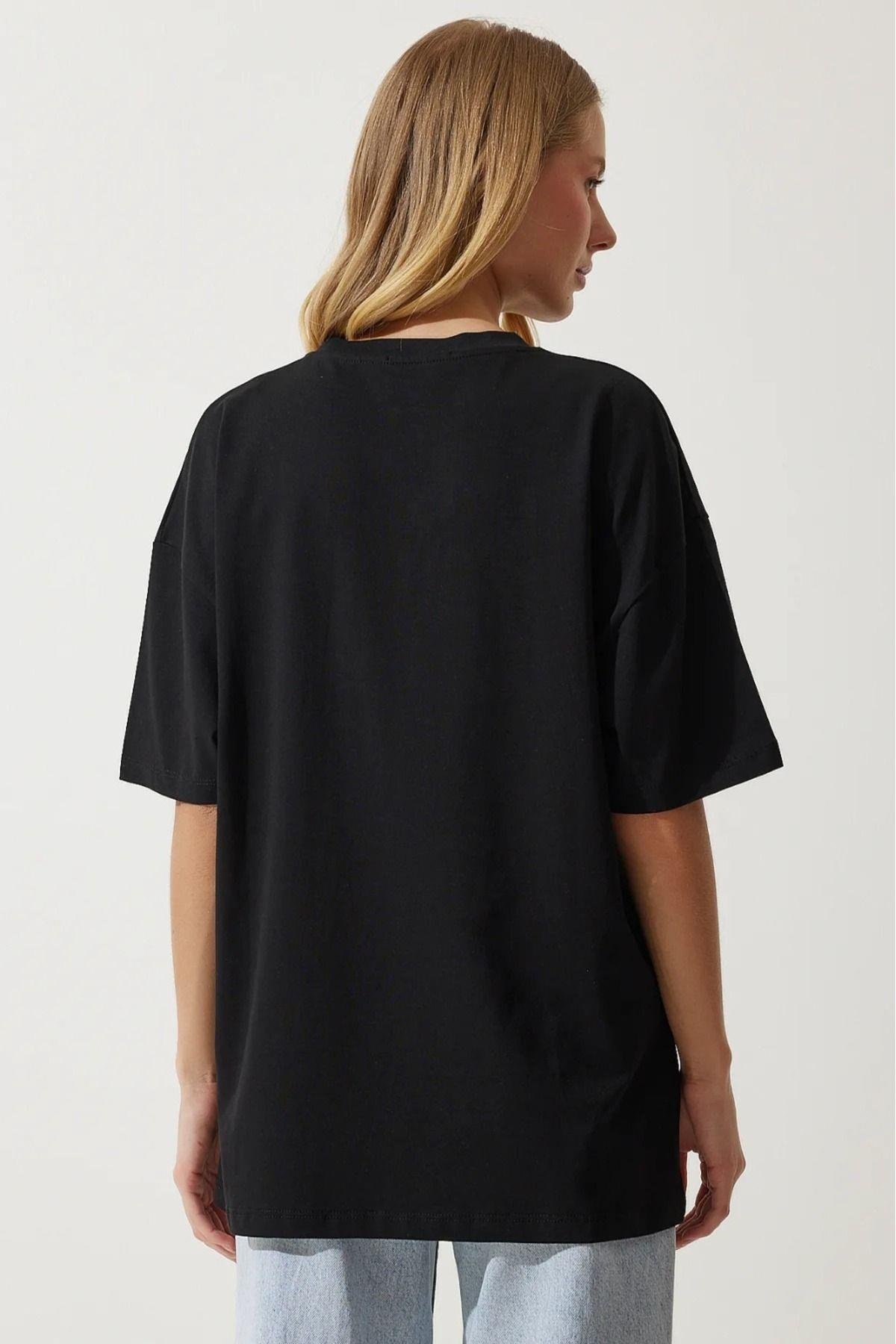 Süper Kalite Kadın %100 Pamuk Siyah Bisiklet Yaka Oversize Boyfriend T-shirt