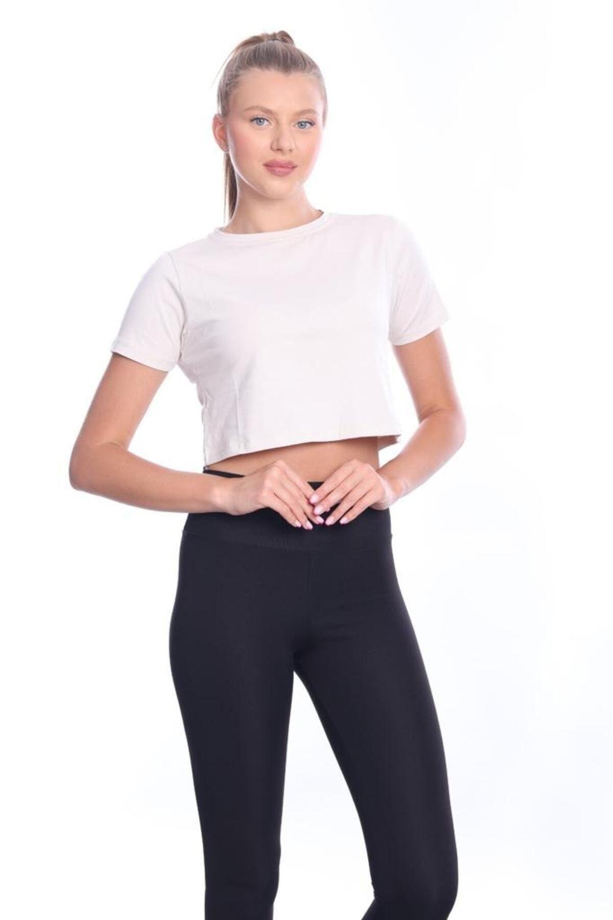 Süper Kalite Kadın Pamuk Penye Bej Rengi Kısa Kol Crop Top