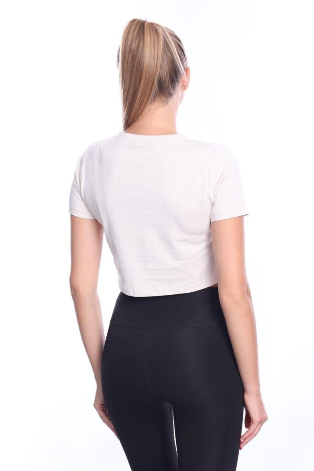 Süper Kalite Kadın Pamuk Penye Bej Rengi Kısa Kol Crop Top