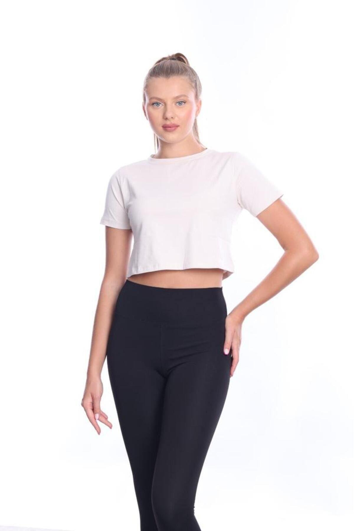 Süper Kalite Kadın Pamuk Penye Bej Rengi Kısa Kol Crop Top