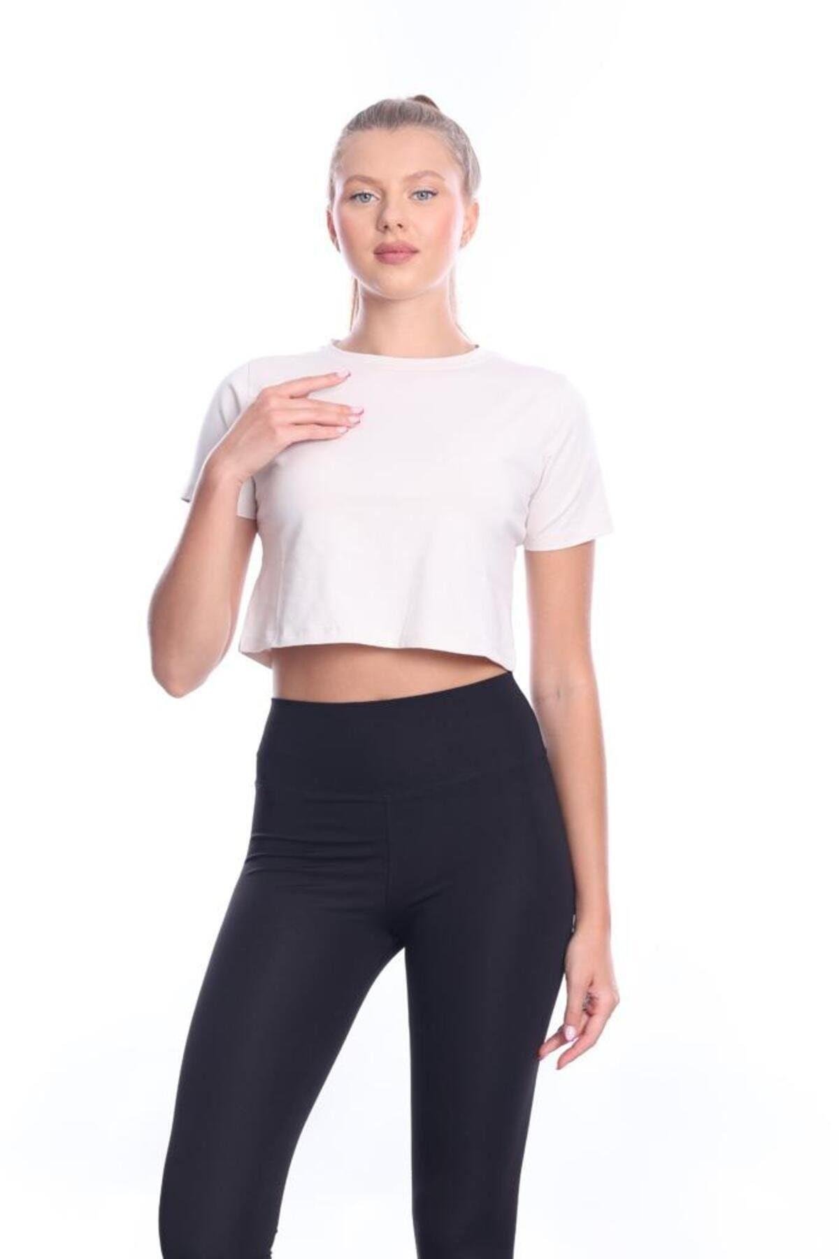 Süper Kalite Kadın Pamuk Penye Bej Rengi Kısa Kol Crop Top