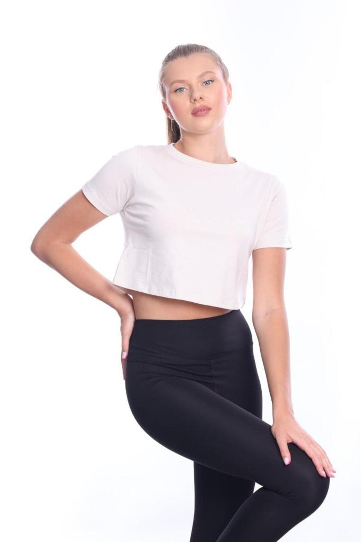 Süper Kalite Kadın Pamuk Penye Bej Rengi Kısa Kol Crop Top