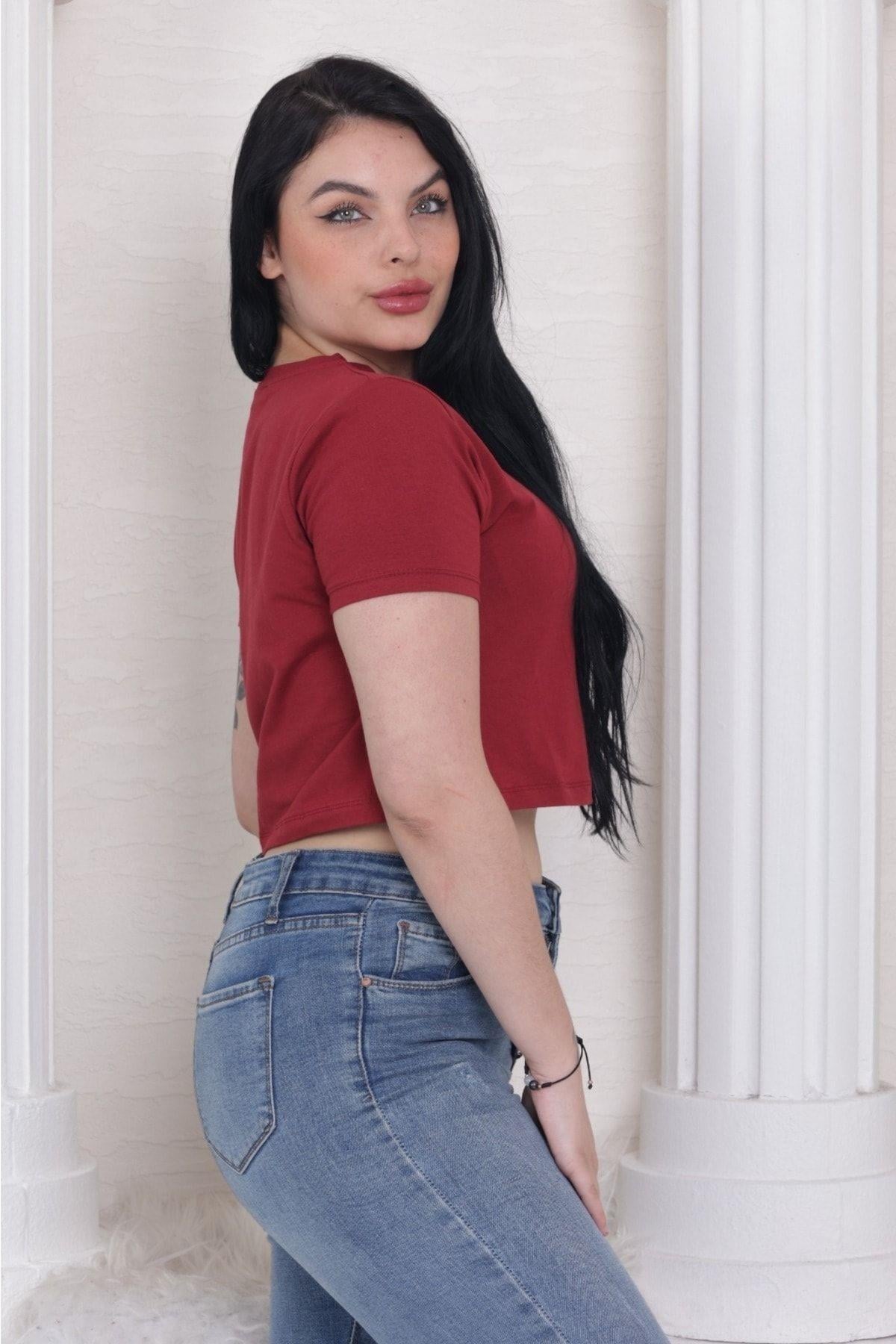 Süper kalite kadın pamuk penye bordo kısa kol crop top