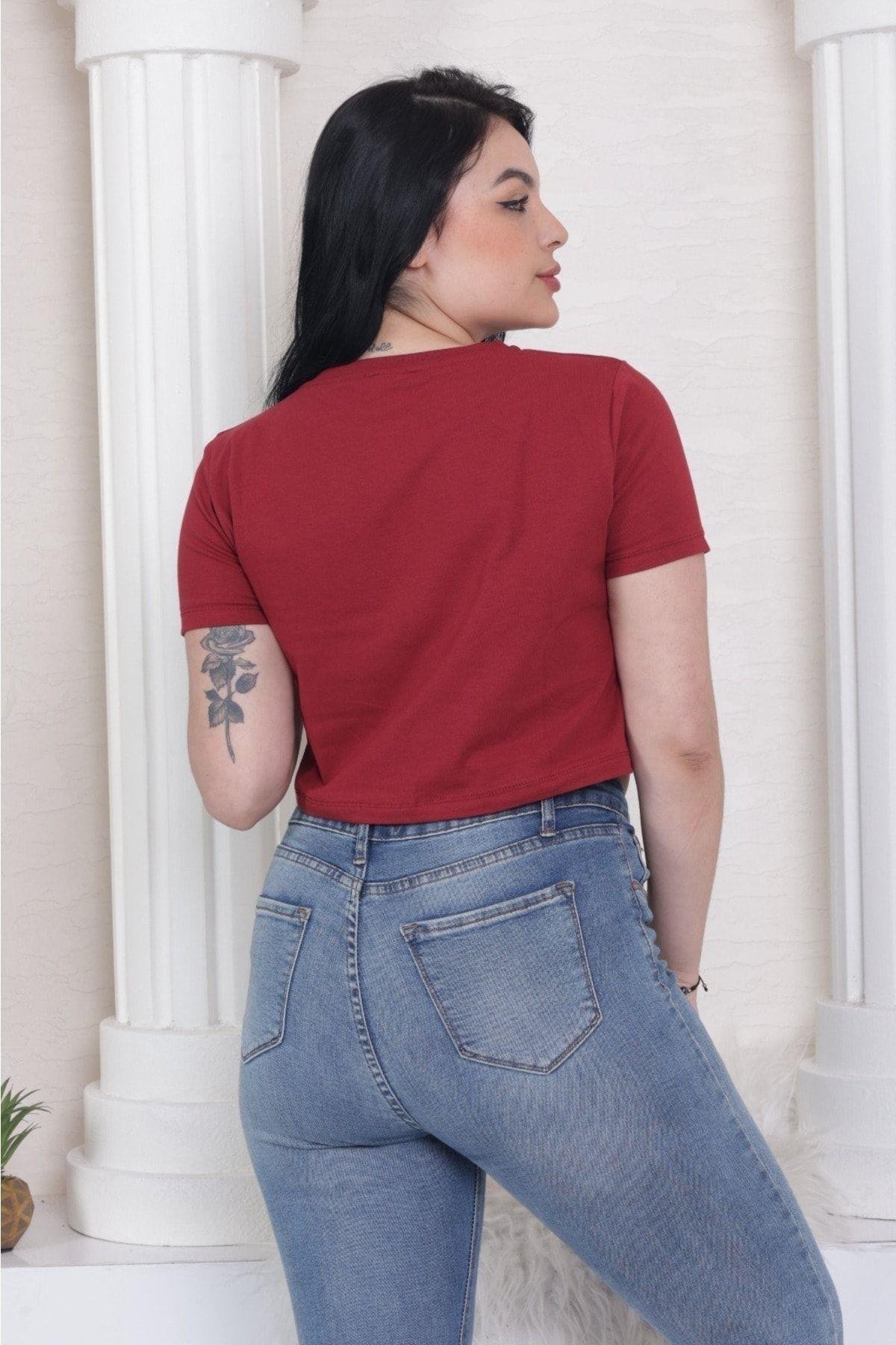 Süper kalite kadın pamuk penye bordo kısa kol crop top
