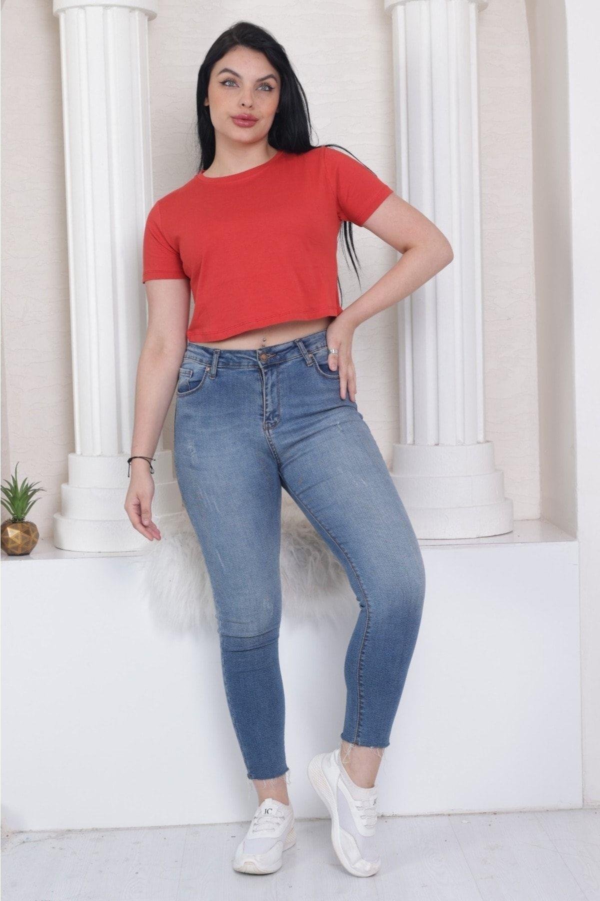 Süper kalite kadın pamuk penye kırmızı kısa kol crop top