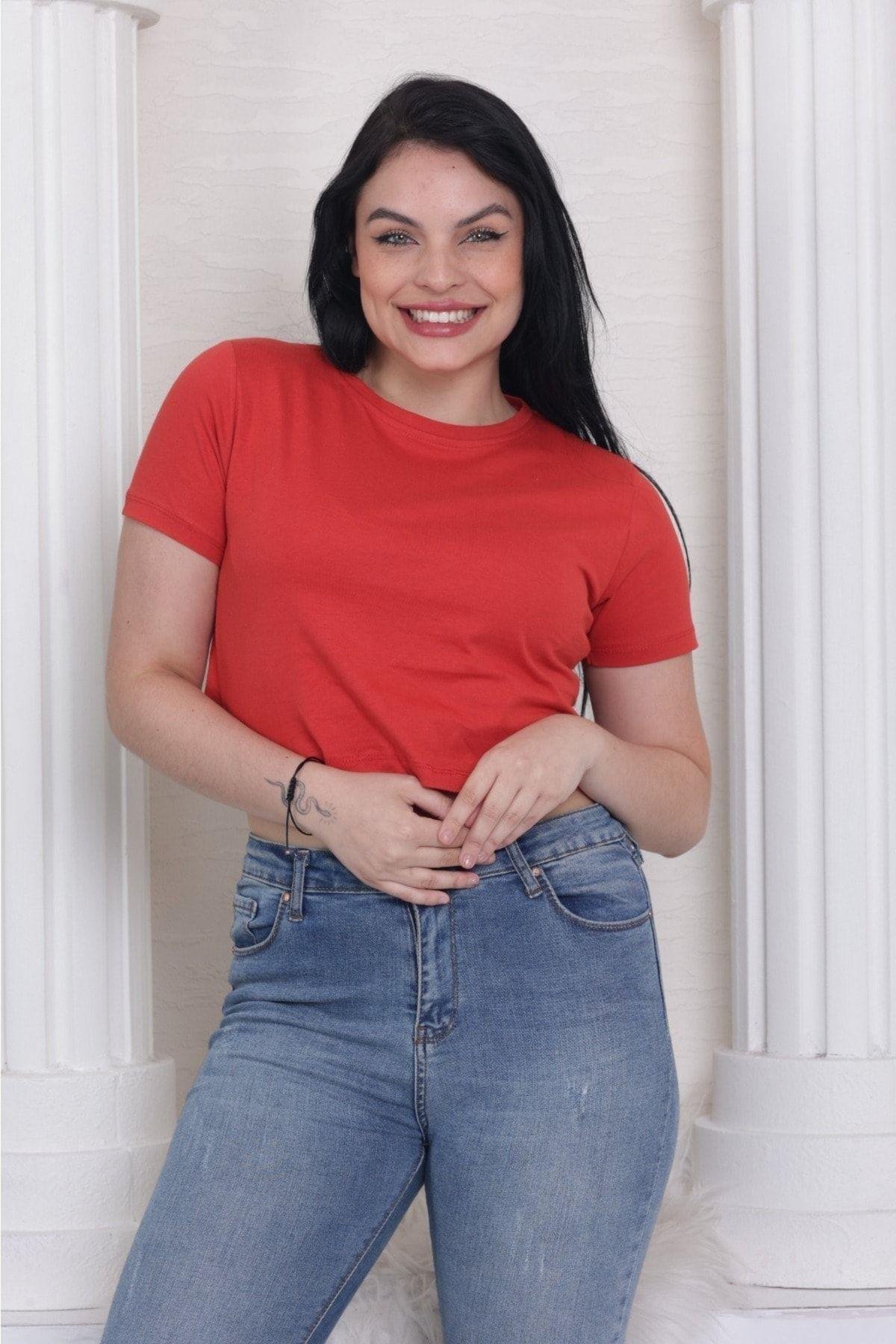 Süper kalite kadın pamuk penye kırmızı kısa kol crop top