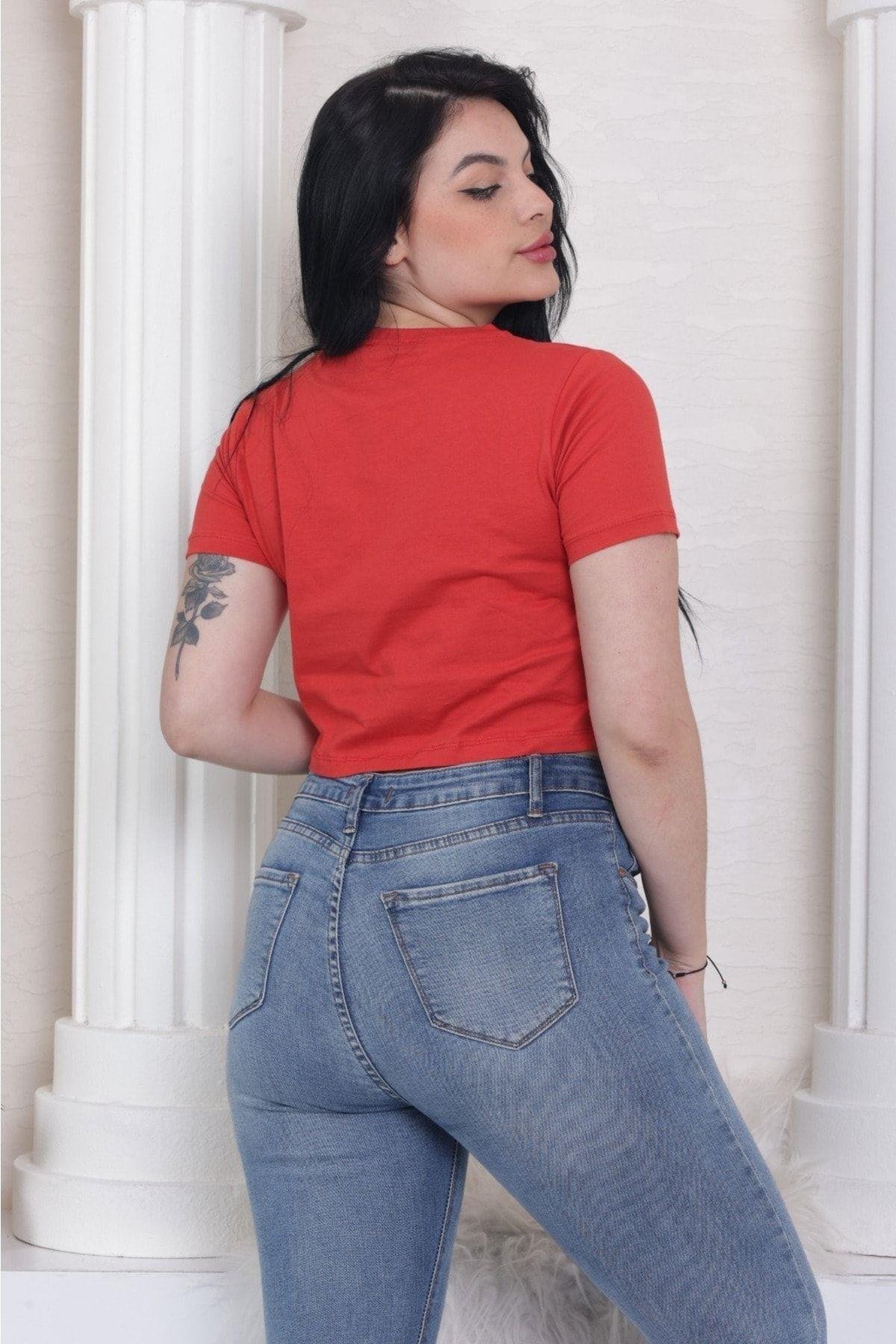 Süper kalite kadın pamuk penye kırmızı kısa kol crop top