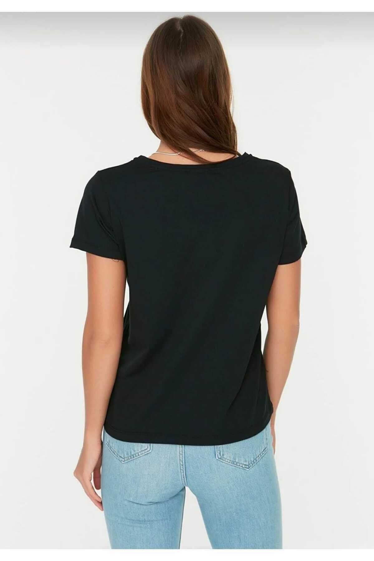 süper kalite siyah V-yaka kadın Basic tişört örme pamuk penye t-shirt