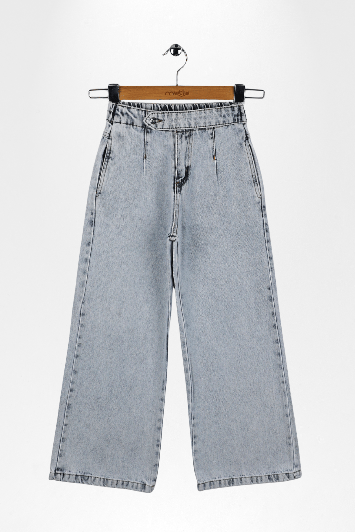 BEL APOLETLİ GENİŞ PAÇA KIZ KOT PANTOLON