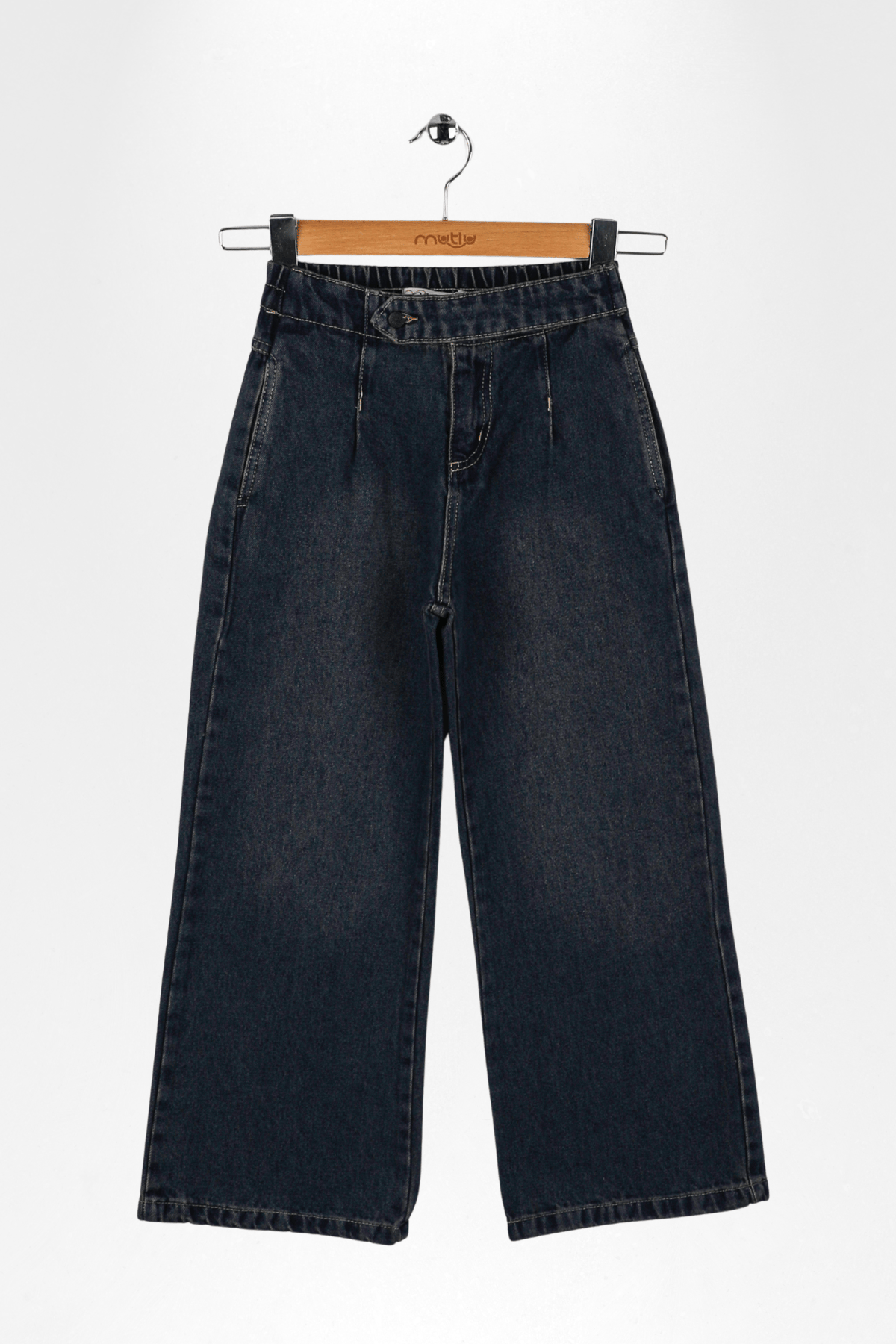 BEL APOLETLİ GENİŞ PAÇA KIZ KOT PANTOLON