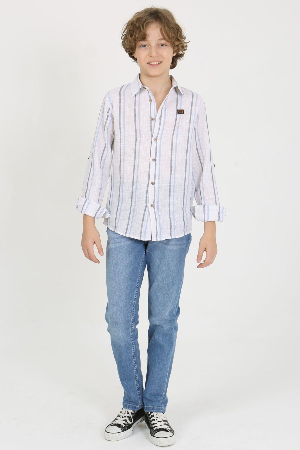 DERİ AKSESUAR DETAYLI ÇİZGİLİ ERKEK GÖMLEK