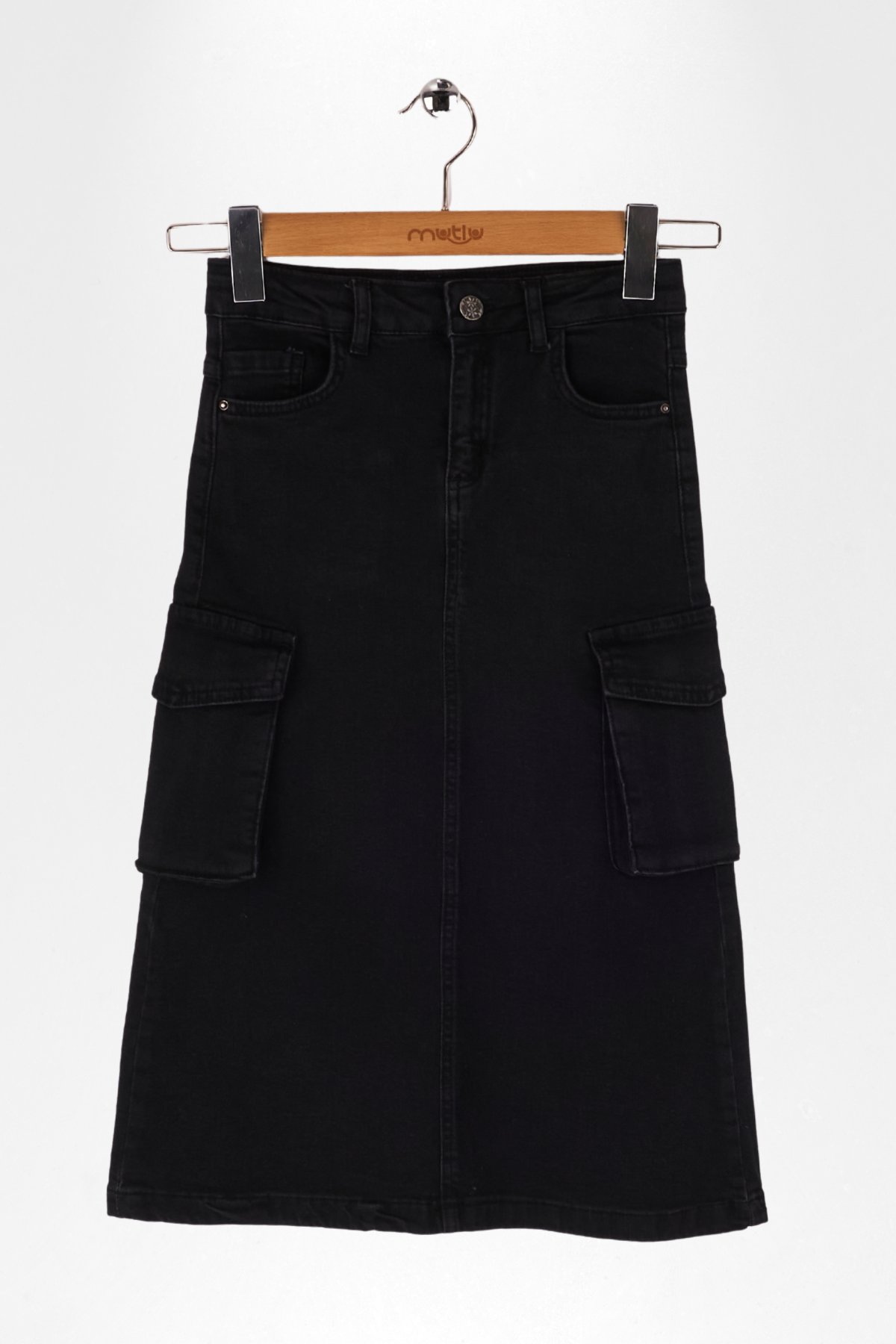 YAN KARGO CEPLİ UZUN BOY KOT ETEK