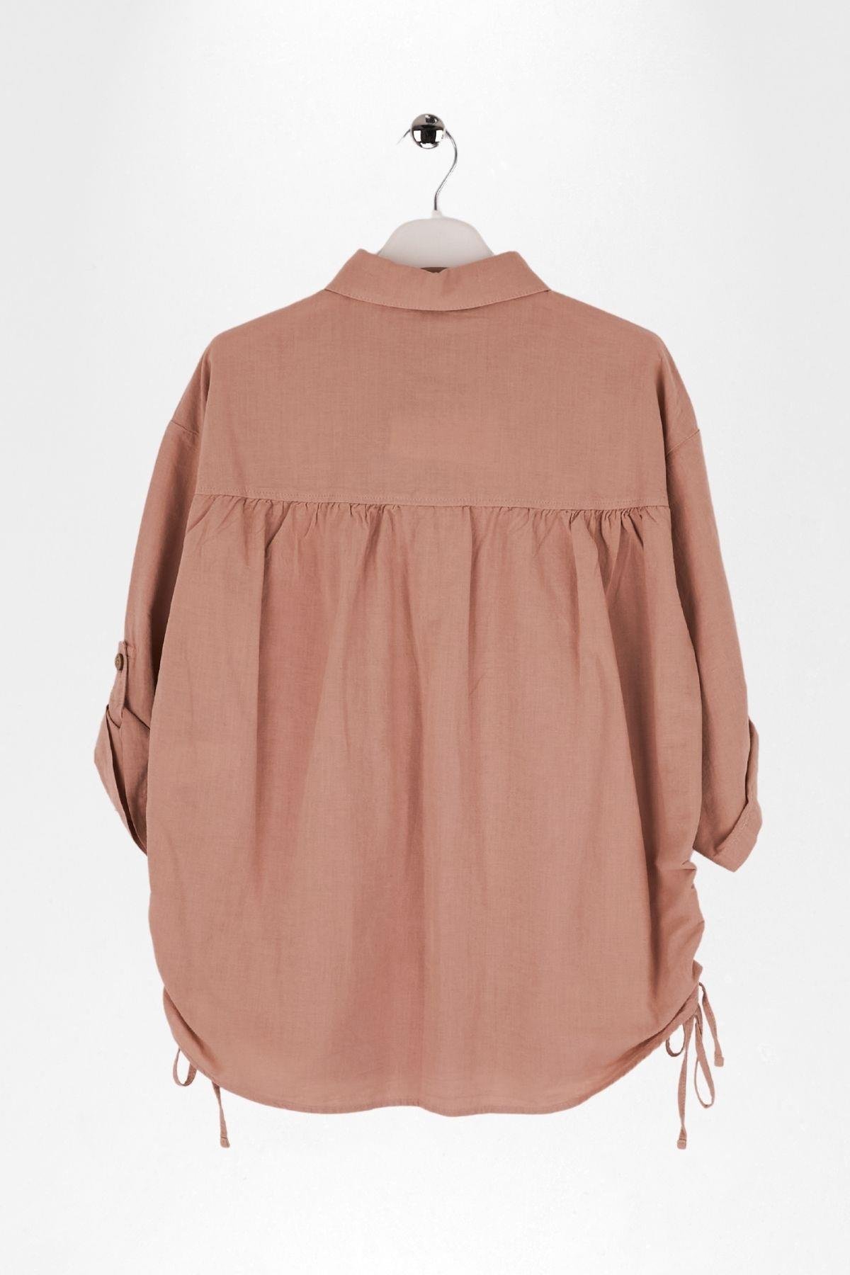 YANLARI BÜZMELİ KIZ KETEN GÖMLEK