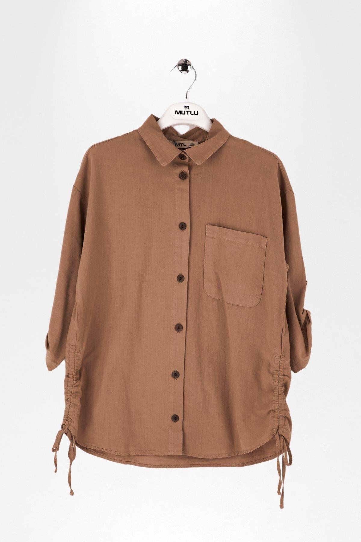 YANLARI BÜZMELİ KIZ KETEN GÖMLEK