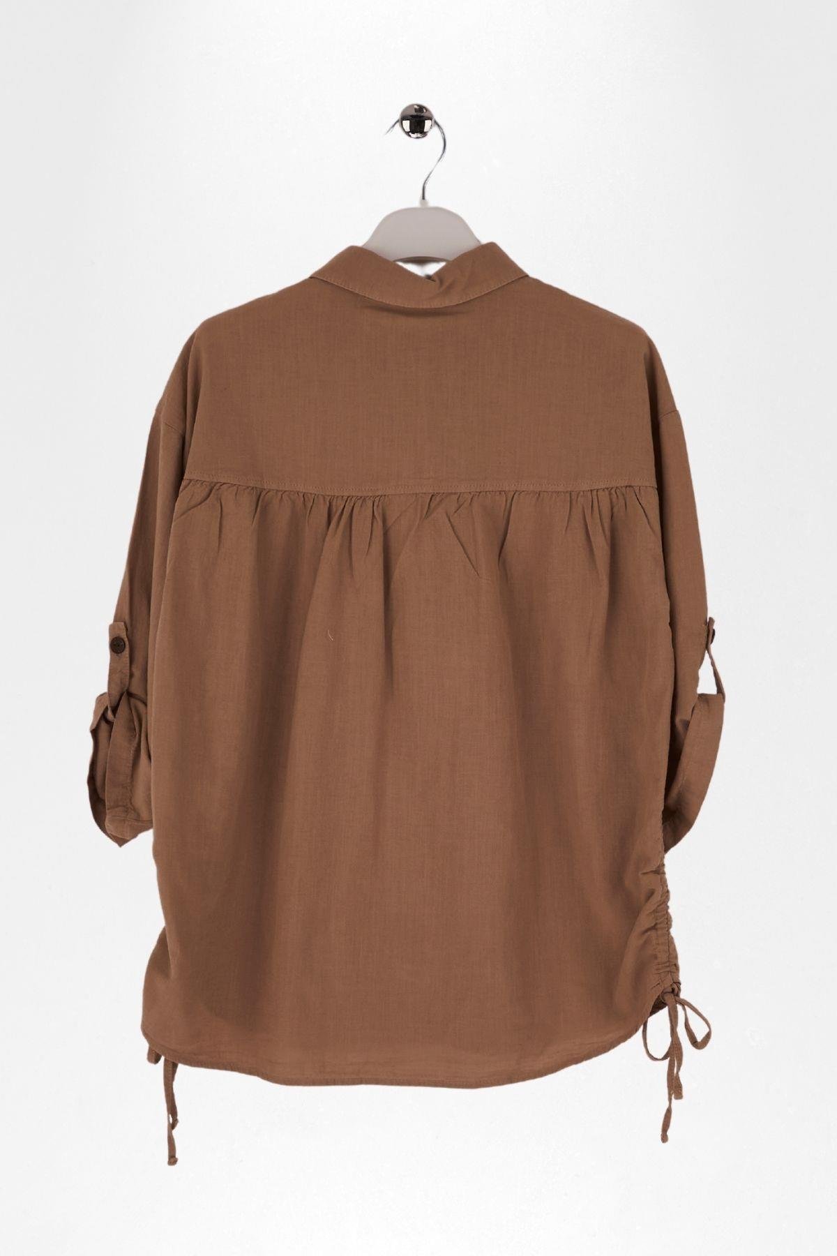 YANLARI BÜZMELİ KIZ KETEN GÖMLEK