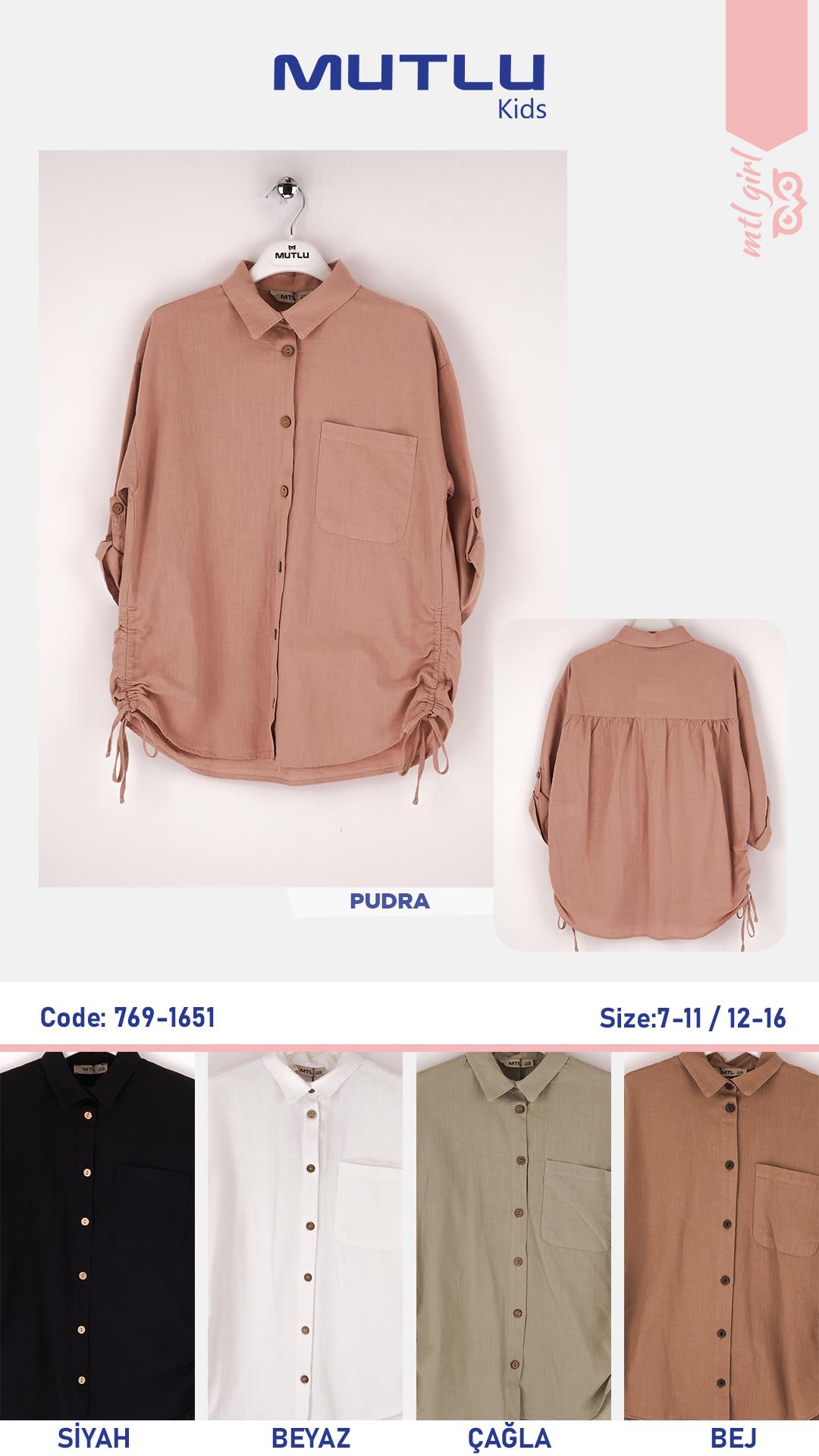 YANLARI BÜZMELİ KIZ KETEN GÖMLEK