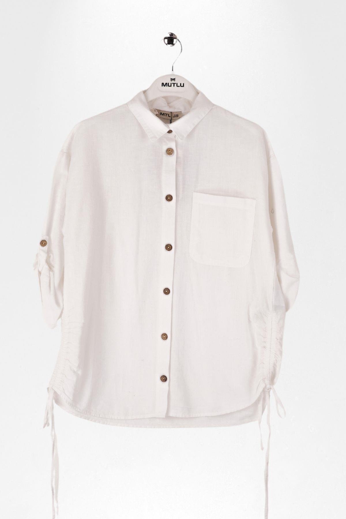 YANLARI BÜZMELİ KIZ KETEN GÖMLEK