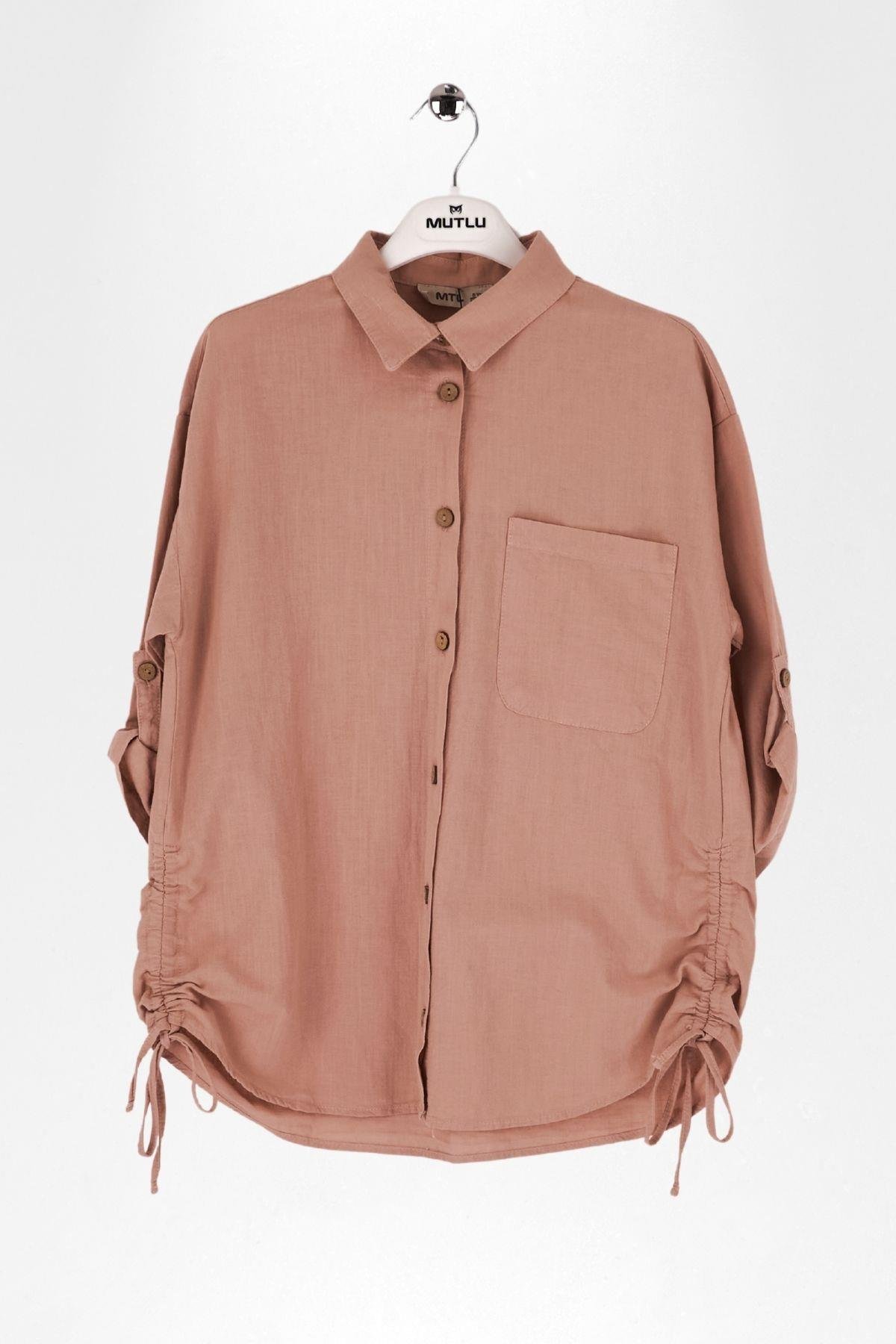 YANLARI BÜZMELİ KIZ KETEN GÖMLEK