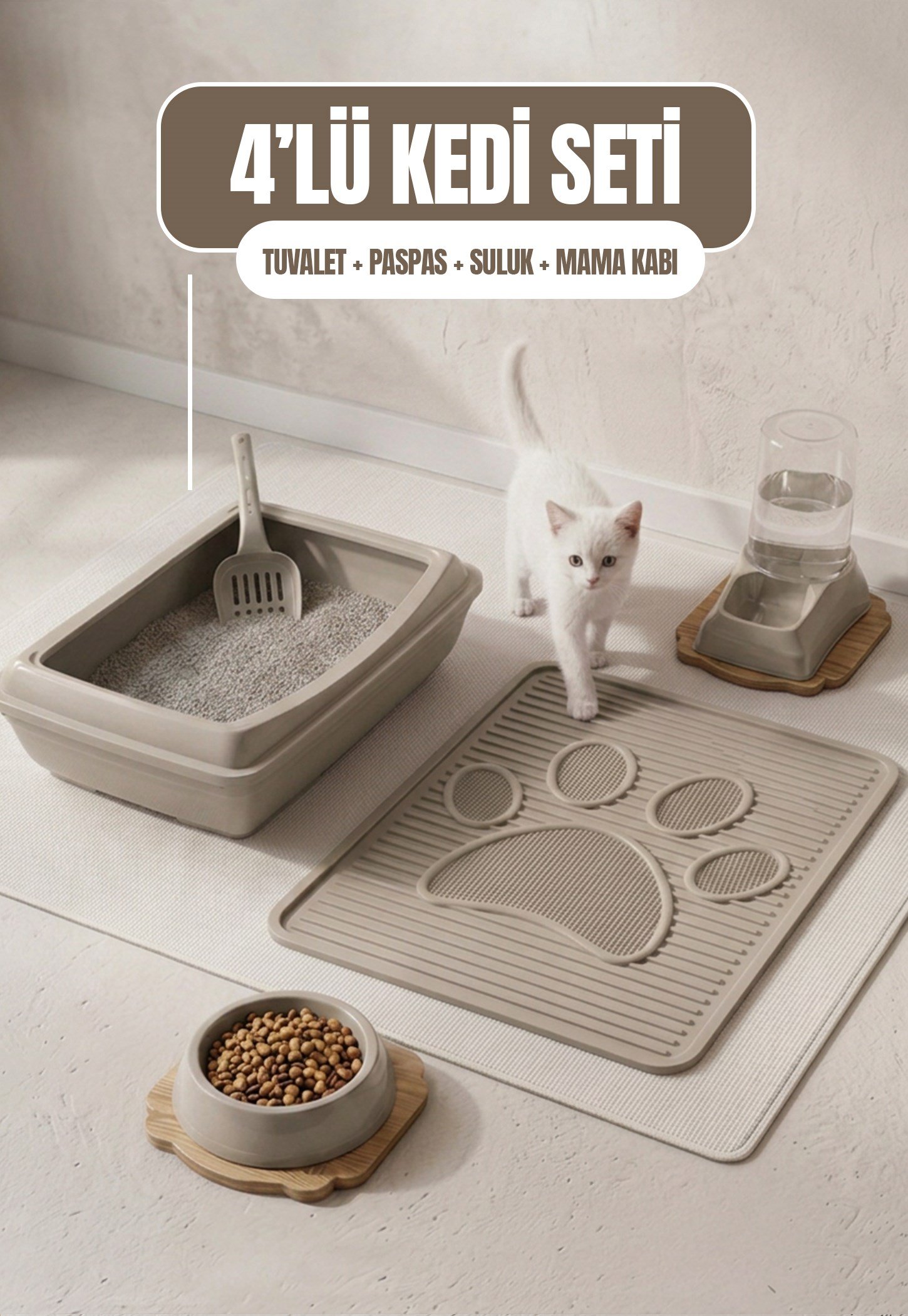 Açık 4'lü Kedi Seti (Tuvalet + Suluk + Mama Kabı + Paspas)