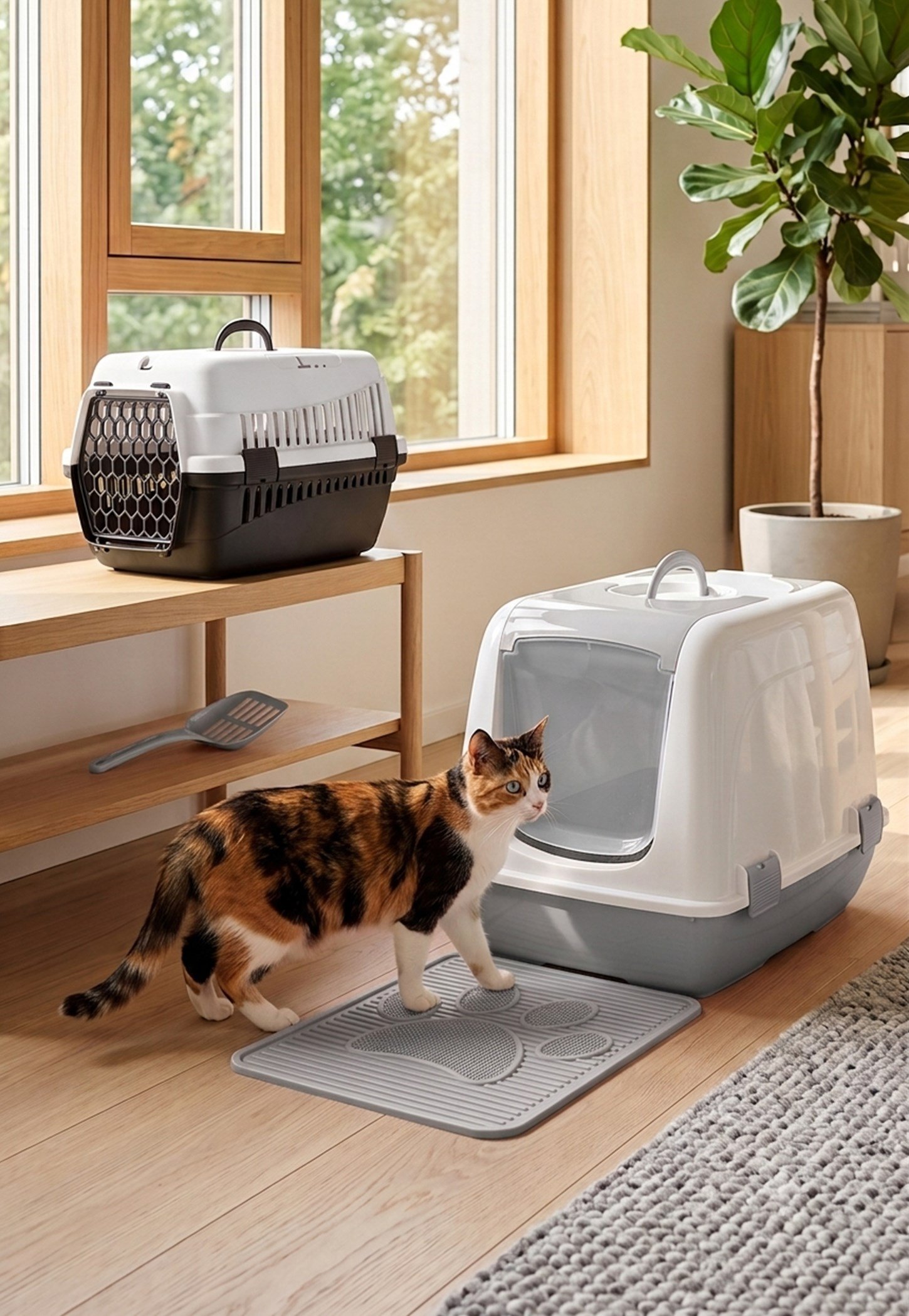 Elekli Kapalı Kedi Tuvaleti Başlangıç Seti - Taşıma Çantası, Paspas  (Kürek ve Mama Kapı Hediyeli)