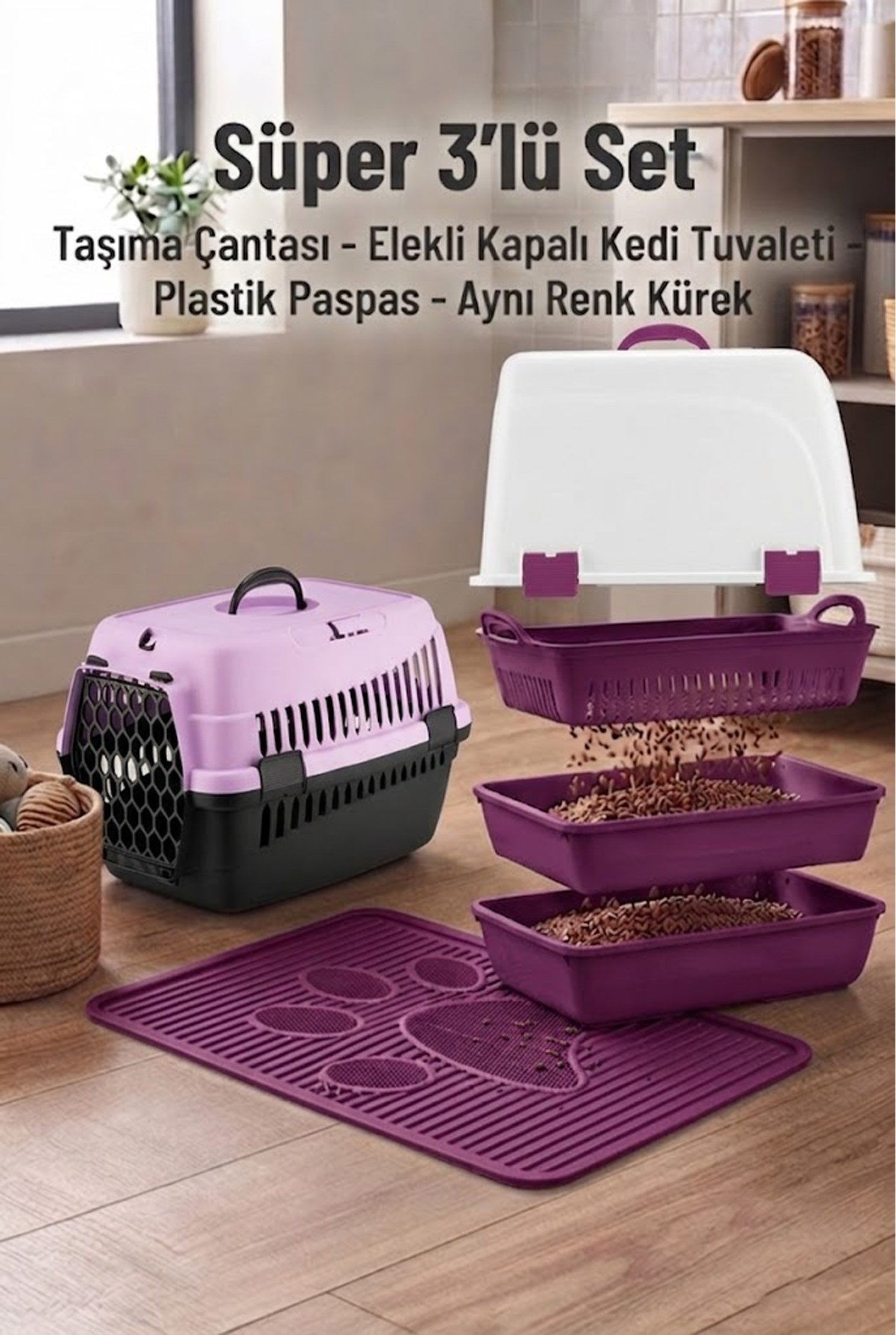 Elekli Kapalı Kedi Tuvaleti Başlangıç Seti - Taşıma Çantası, Paspas  (Kürek ve Mama Kapı Hediyeli)