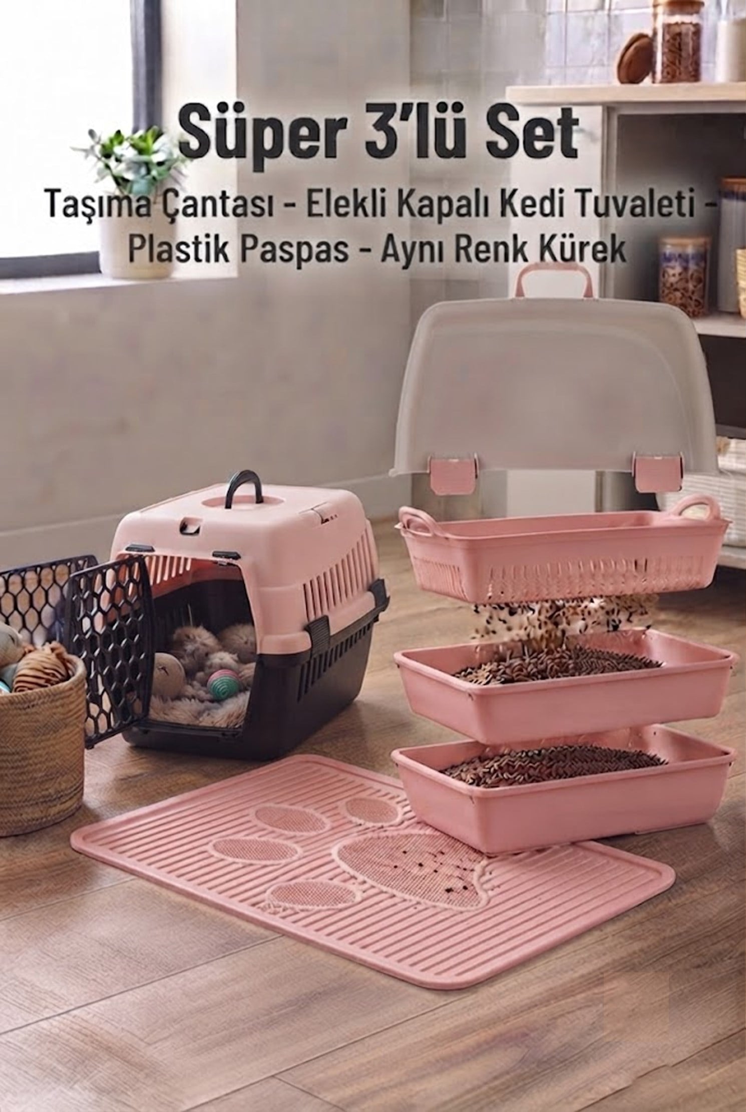 Elekli Kapalı Kedi Tuvaleti Başlangıç Seti - Taşıma Çantası, Paspas  (Kürek ve Mama Kapı Hediyeli)