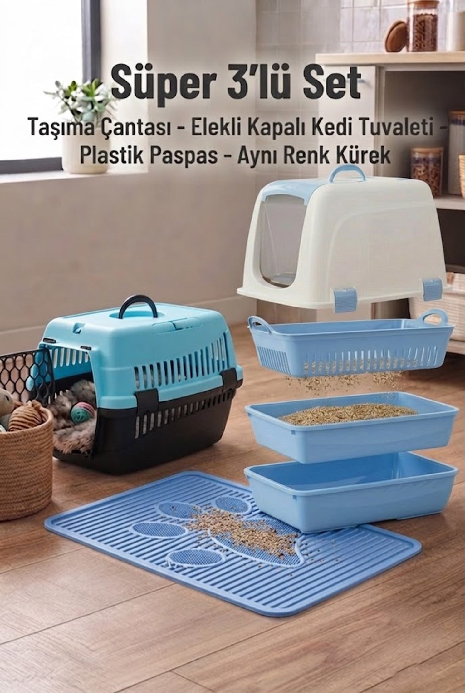Elekli Kapalı Kedi Tuvaleti Başlangıç Seti - Taşıma Çantası, Paspas  (Kürek ve Mama Kapı Hediyeli)