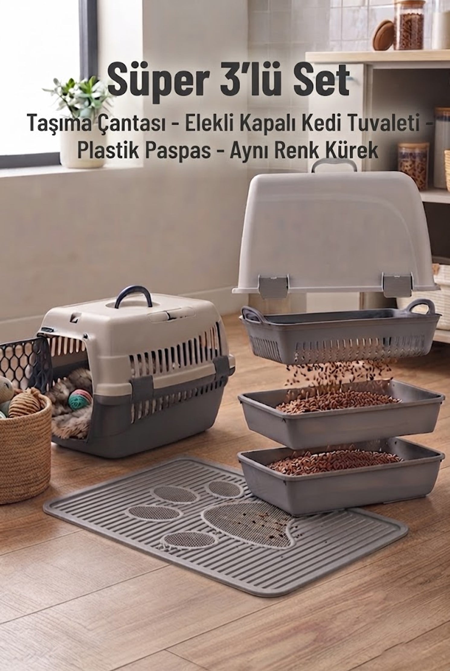 Elekli Kapalı Kedi Tuvaleti Başlangıç Seti - Taşıma Çantası, Paspas  (Kürek ve Mama Kapı Hediyeli)