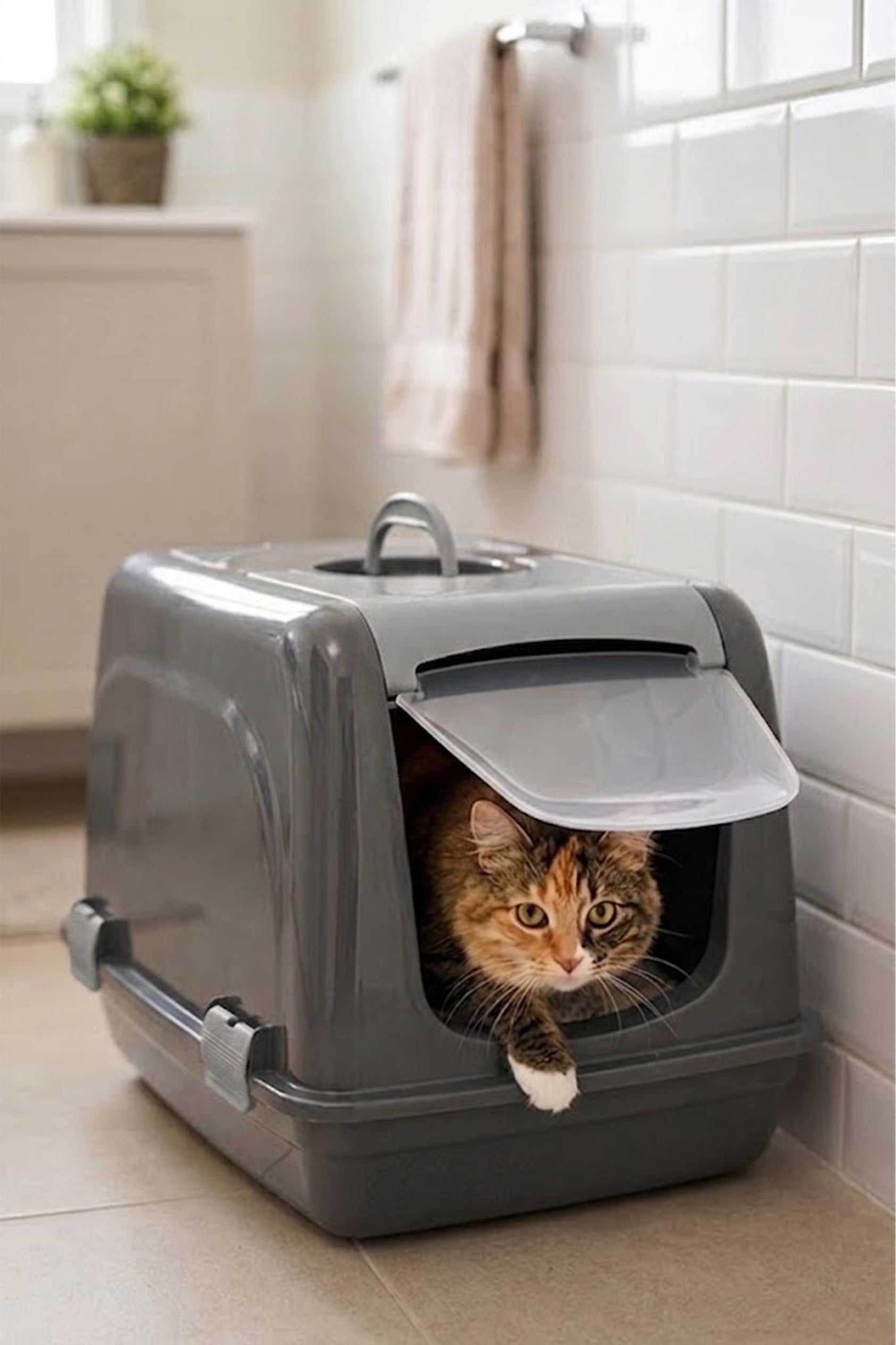 Kolay Temizlenebilir Elekli Kapalı Kedi Tuvaleti Antrasit