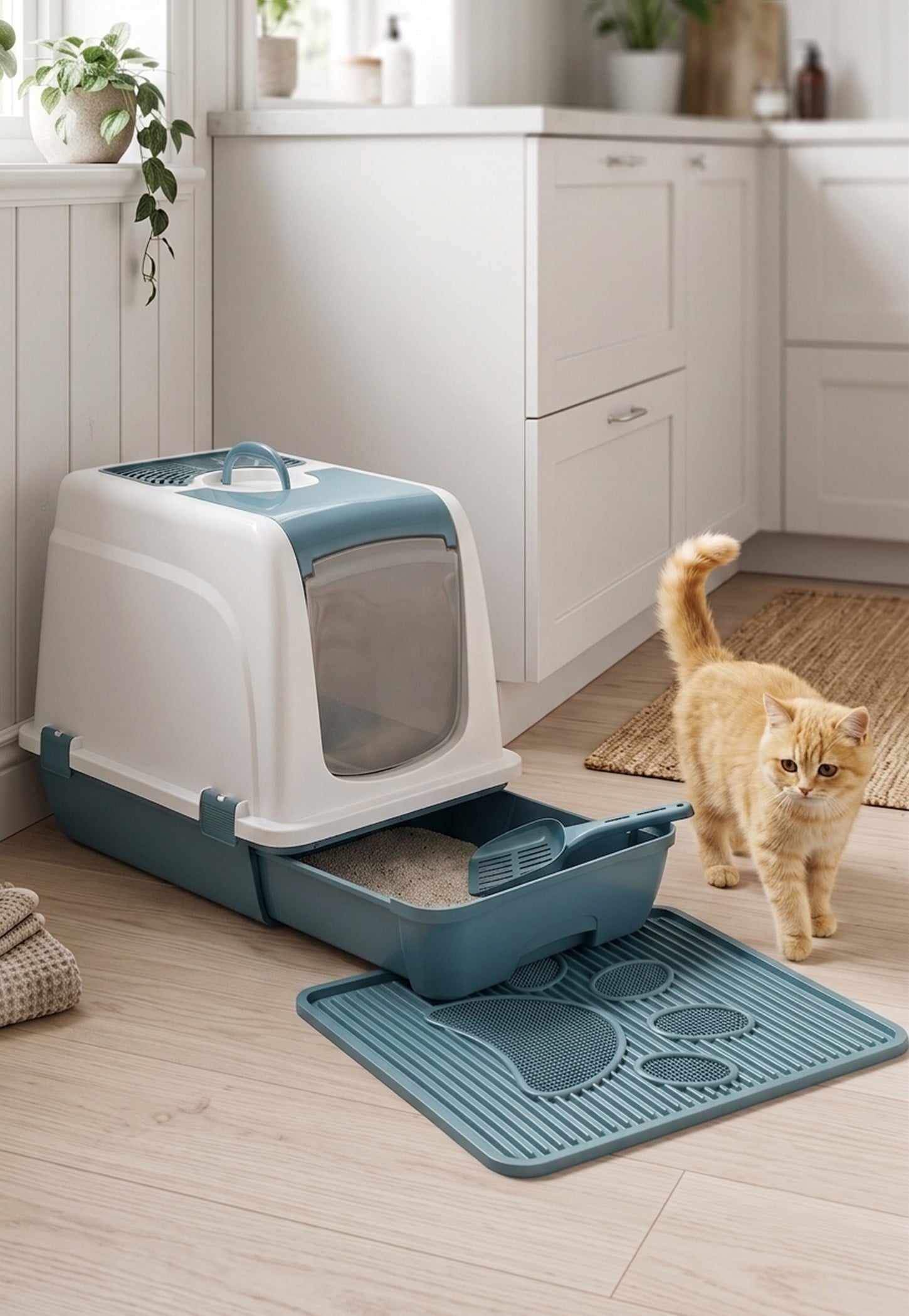 Orta Boy Çekmeceli Kapalı Kedi Tuvaleti + Paspas Seti (Kürek Hediyeli)