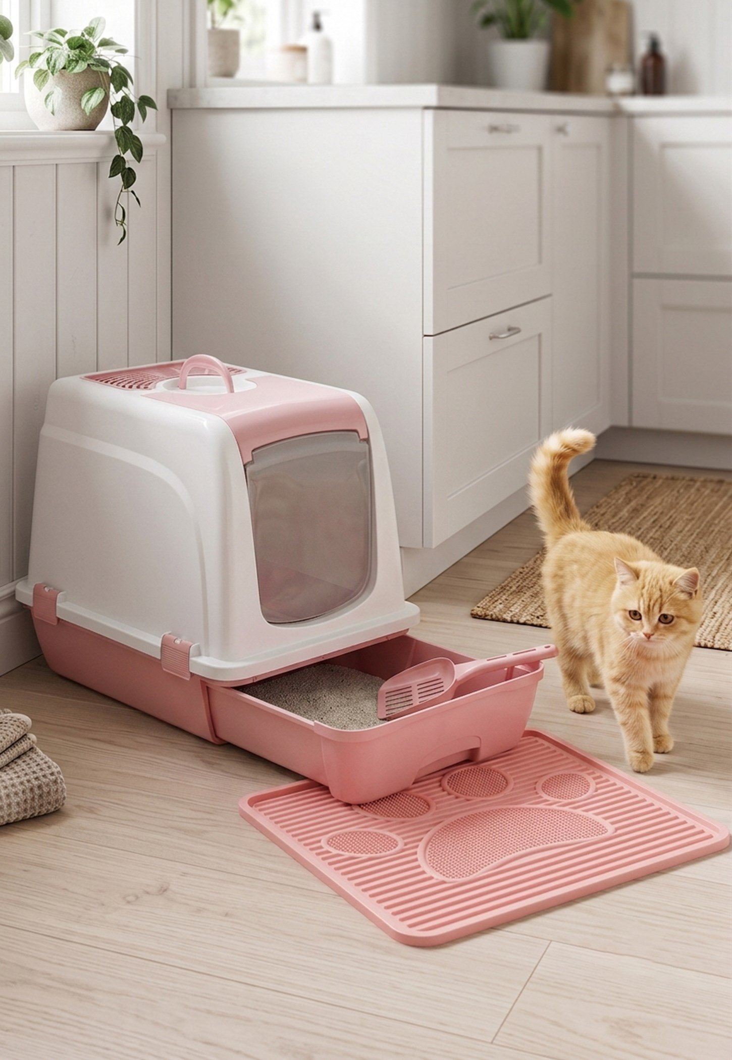 Orta Boy Çekmeceli Kapalı Kedi Tuvaleti + Paspas Seti (Kürek Hediyeli)