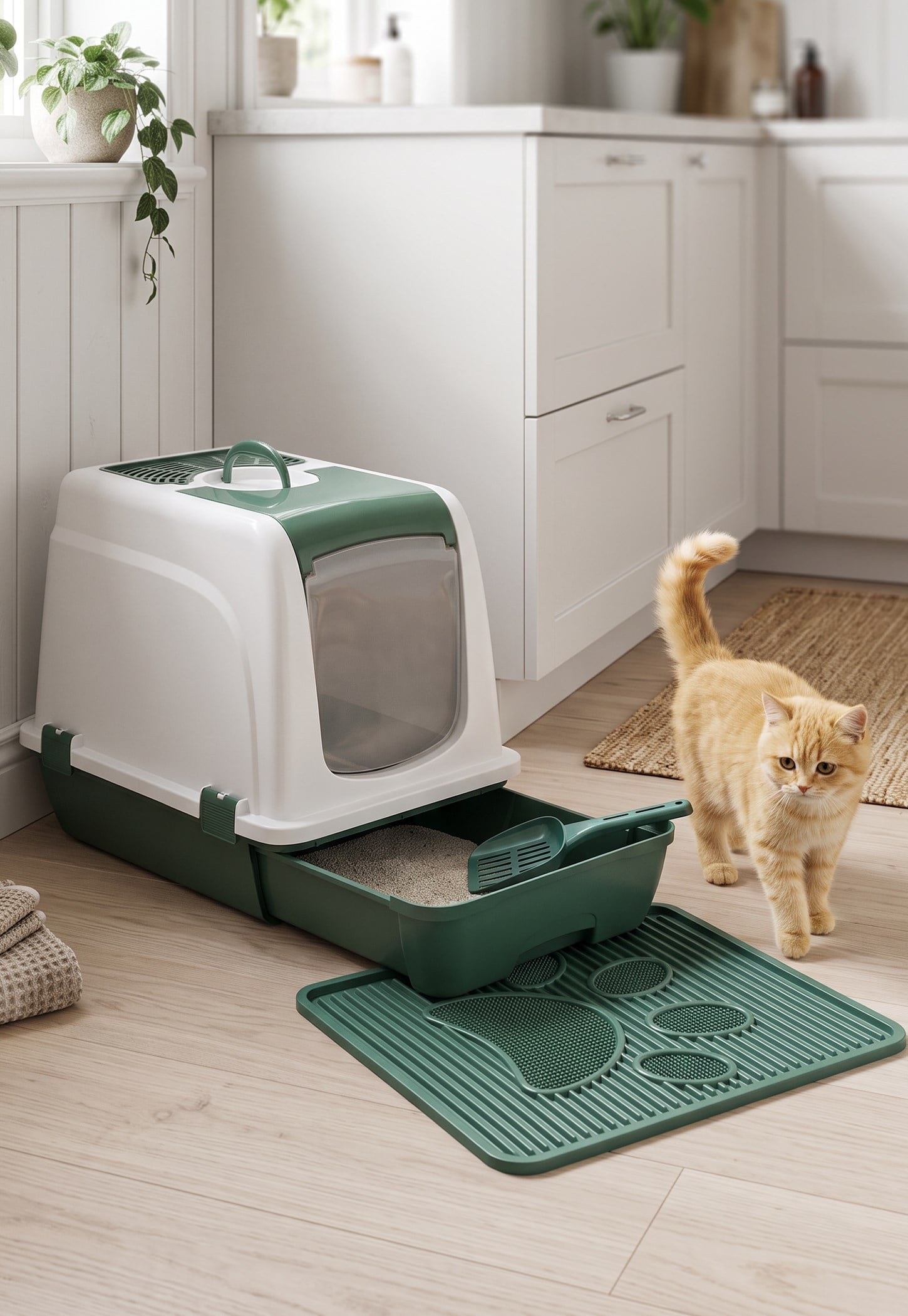 Orta Boy Çekmeceli Kapalı Kedi Tuvaleti + Paspas Seti (Kürek Hediyeli)
