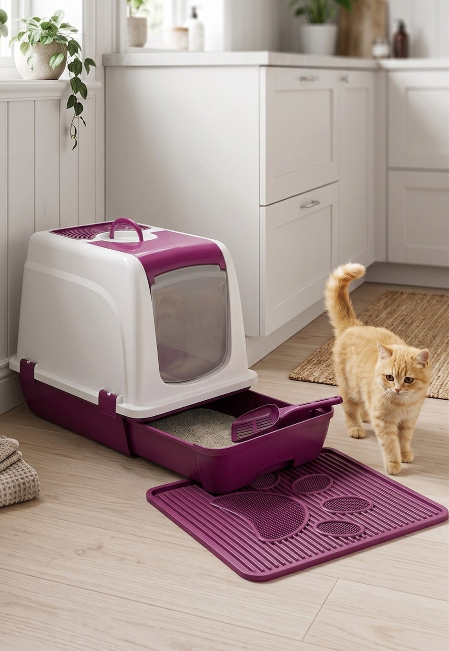 Orta Boy Çekmeceli Kapalı Kedi Tuvaleti + Paspas Seti (Kürek Hediyeli)