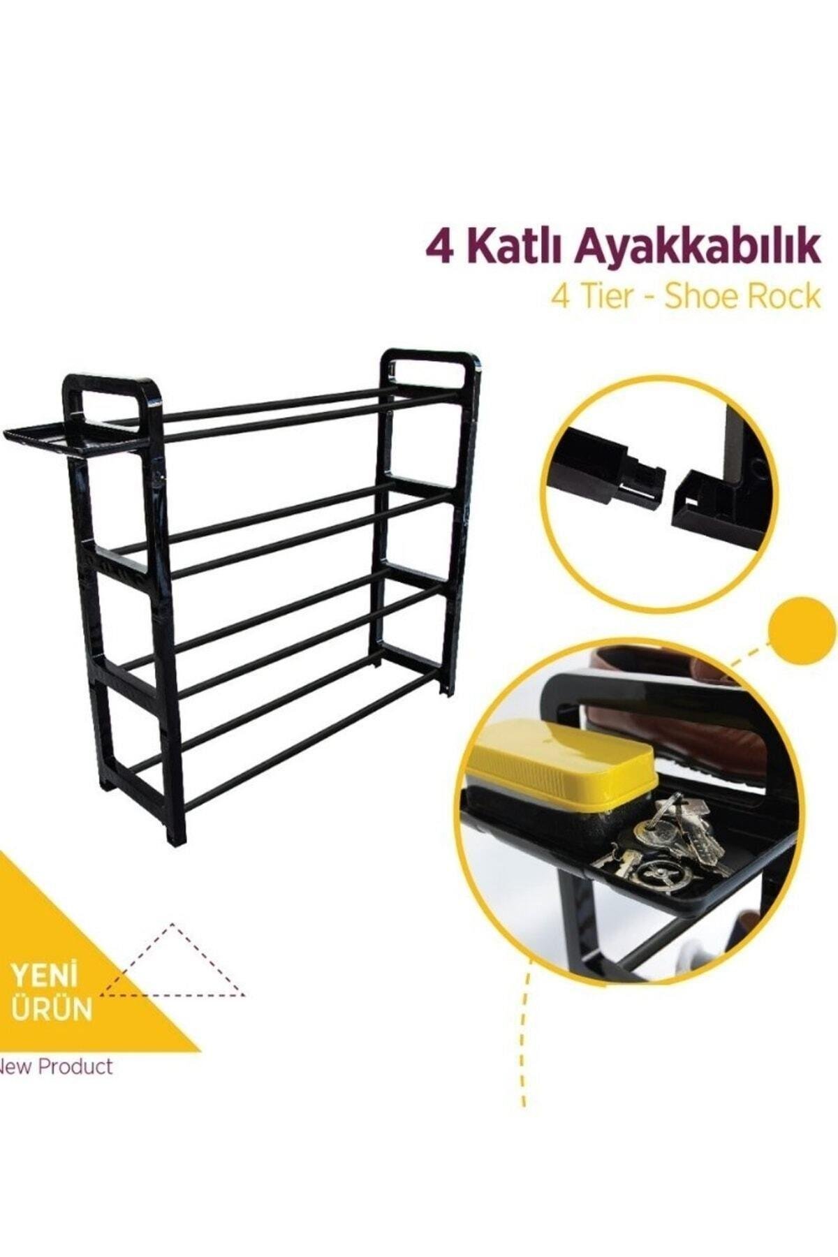 4 Katlı Siyah Ayakkabılık Dekoratif Ayakkabılık Demonte 1. Sınıf