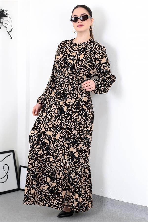 BEJ ÇİÇEK  KUŞAKLI BATTAL ELBİSE 8462