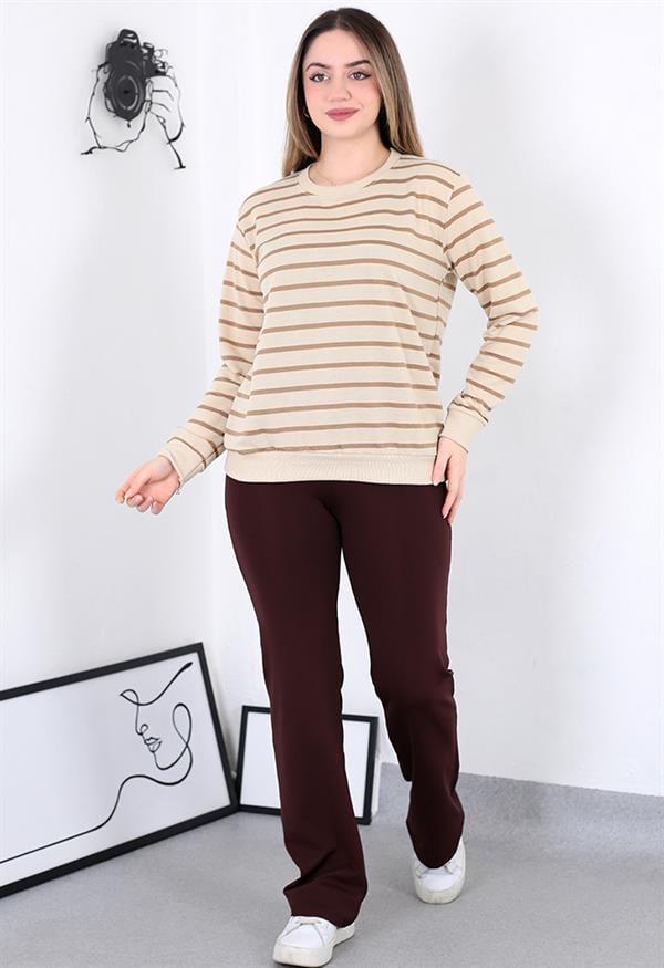 Çizgili Sweatshirt Bej Model Kodu 8412